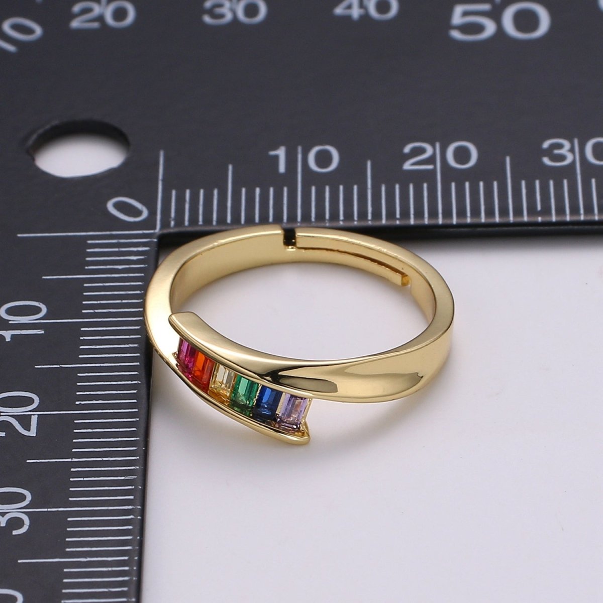 Dainty Rainbow Baguette Ring - Colorful Ring - Multicolor Stone Ring - Rainbow Jewelry - Stacking Ring Adjustable Ring US Size 7.5 R502