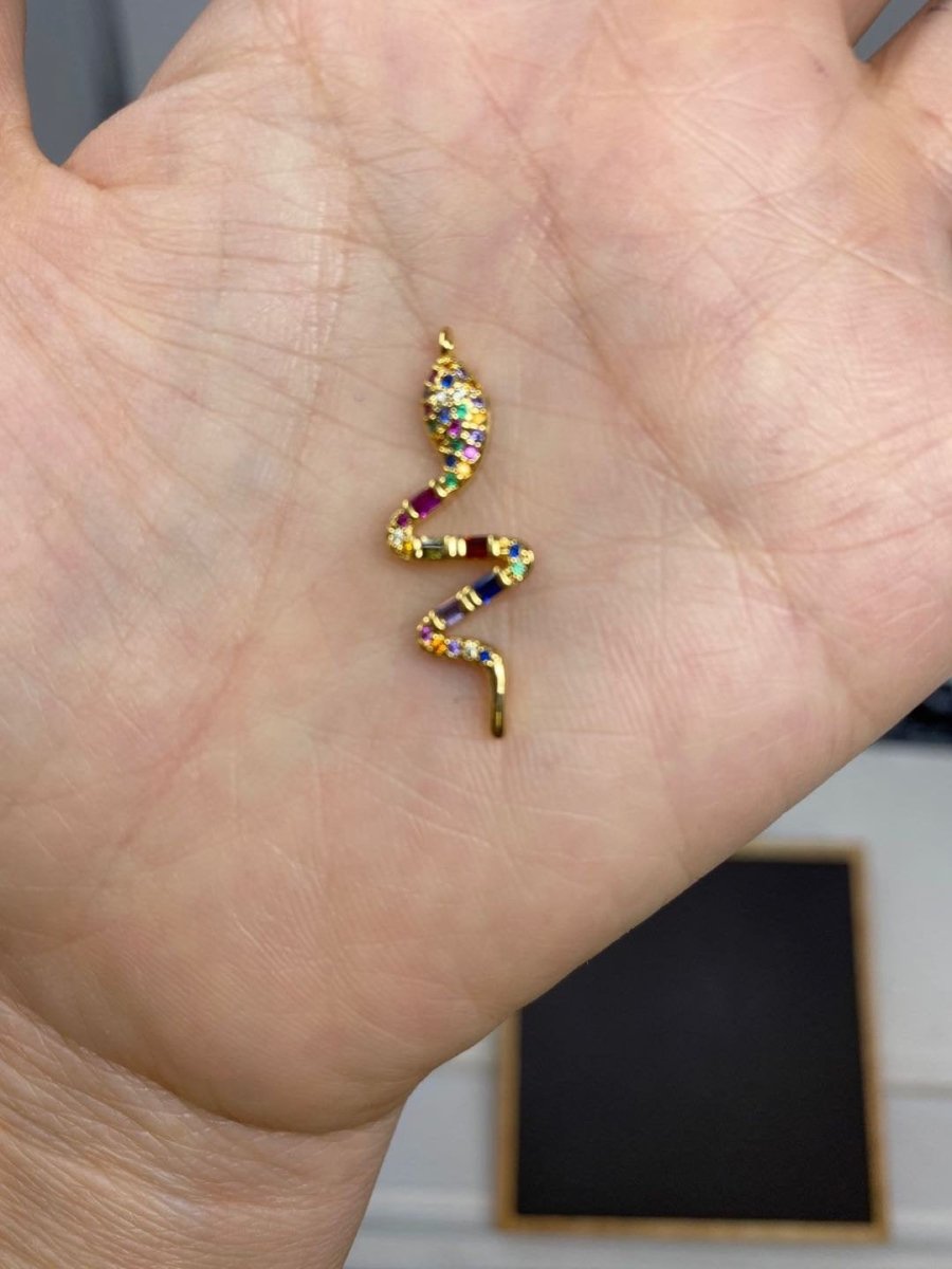 Dainty Rainbow Micro Pave Snake Charm, CZ Cubic Snake Charm Gold Filled Serpent Charm Animal Charm for Necklace, Earring, Bracelet Component D-067