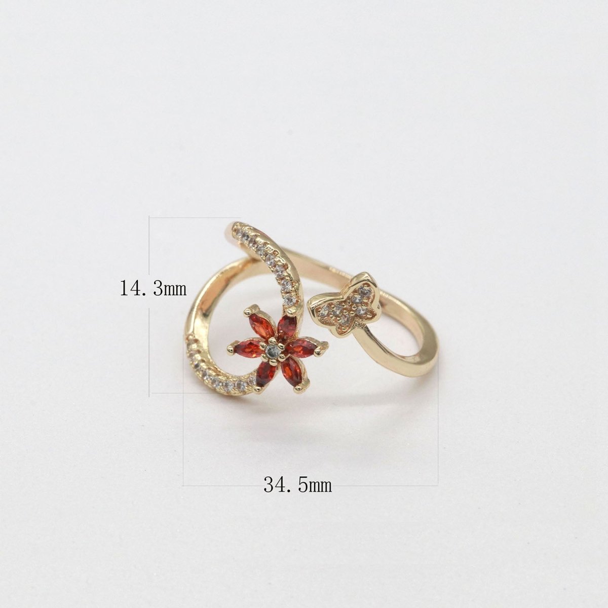 Dainty Red Flower Ring with Gold Butterfly Open Adjustable Ring O-877