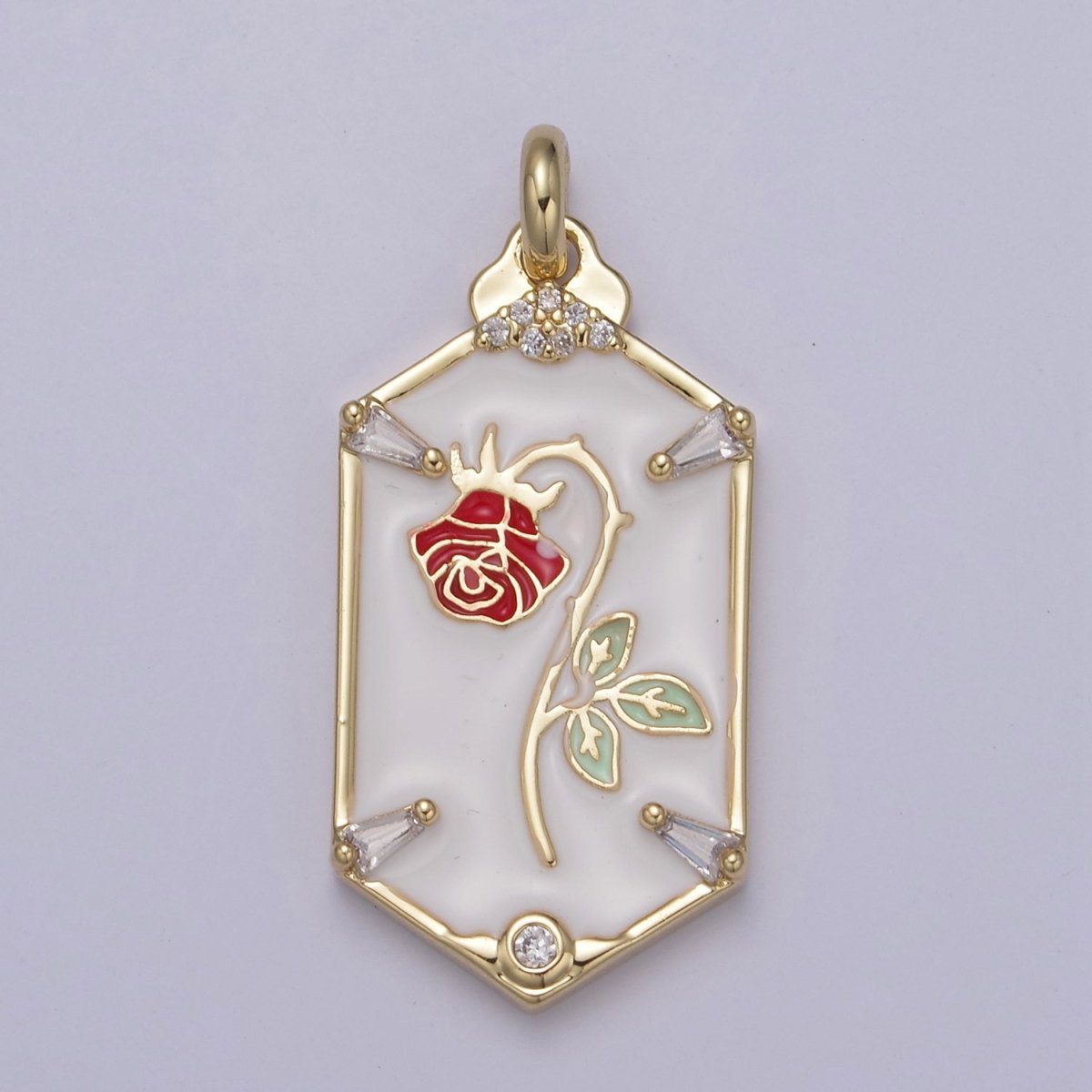 Dainty Red Rose Charm Necklace, 14K Gold Filled Flower necklace Pendant Belle beauty and the beast Jewelry Inspired Hexagon Tag Dangle Charm N-759 N-761