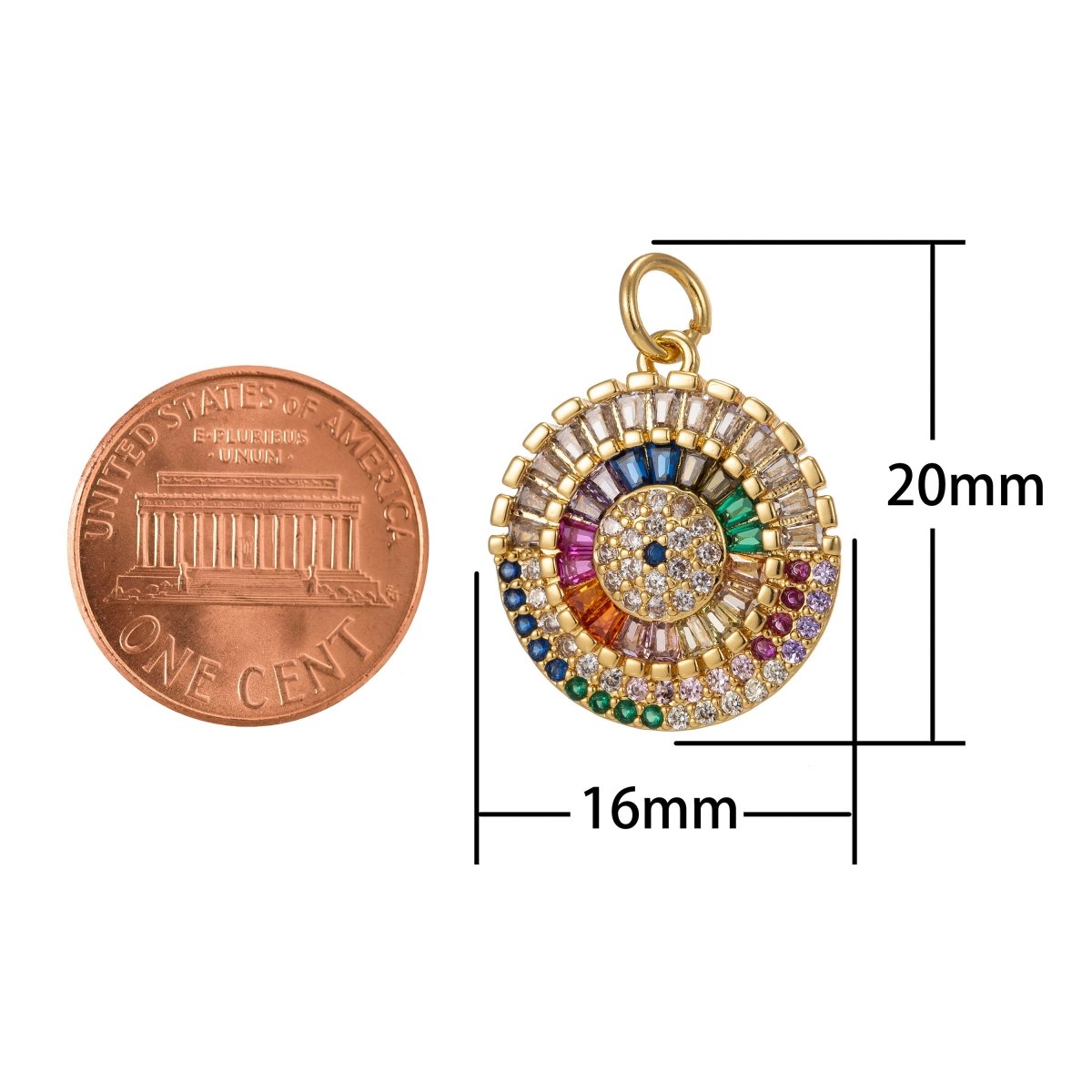 Dainty Round Charm CZ Micro Pave, Disc Charm, Multi Color Pave Charm , Dainty Charms,Cubic Zirconia Bracelet Earring Necklace Charm 20x15mm I-442