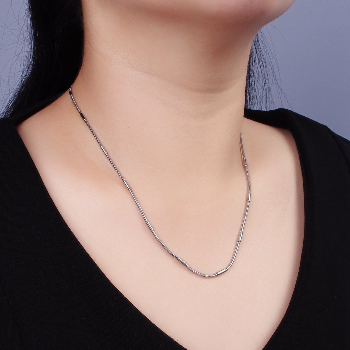 Dainty Round Snake Chain Necklace Stainless Steel 19 inch Necklace in Silver WA-2399