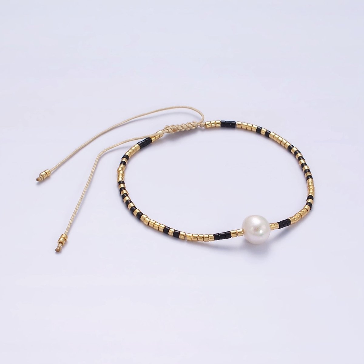 Dainty Shell Pearl Cord Bracelet with Gold Black Beaded Adjustable Bracelet | WA-2203 Clearance Pricing
