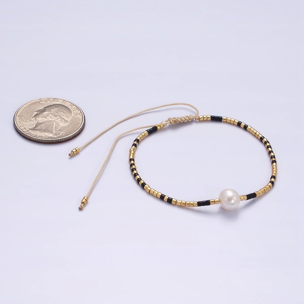 Dainty Shell Pearl Cord Bracelet with Gold Black Beaded Adjustable Bracelet | WA-2203 Clearance Pricing