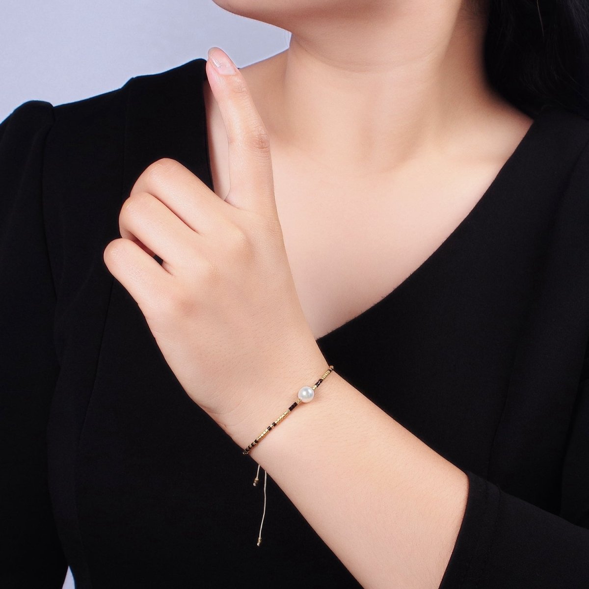 Dainty Shell Pearl Cord Bracelet with Gold Black Beaded Adjustable Bracelet | WA-2203 Clearance Pricing
