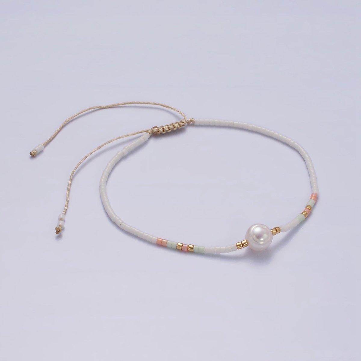 Dainty Shell Pearl Cord Bracelet with White Pink Gold Cylinder Beaded Adjustable Bracelet | WA-2199 Clearance Pricing