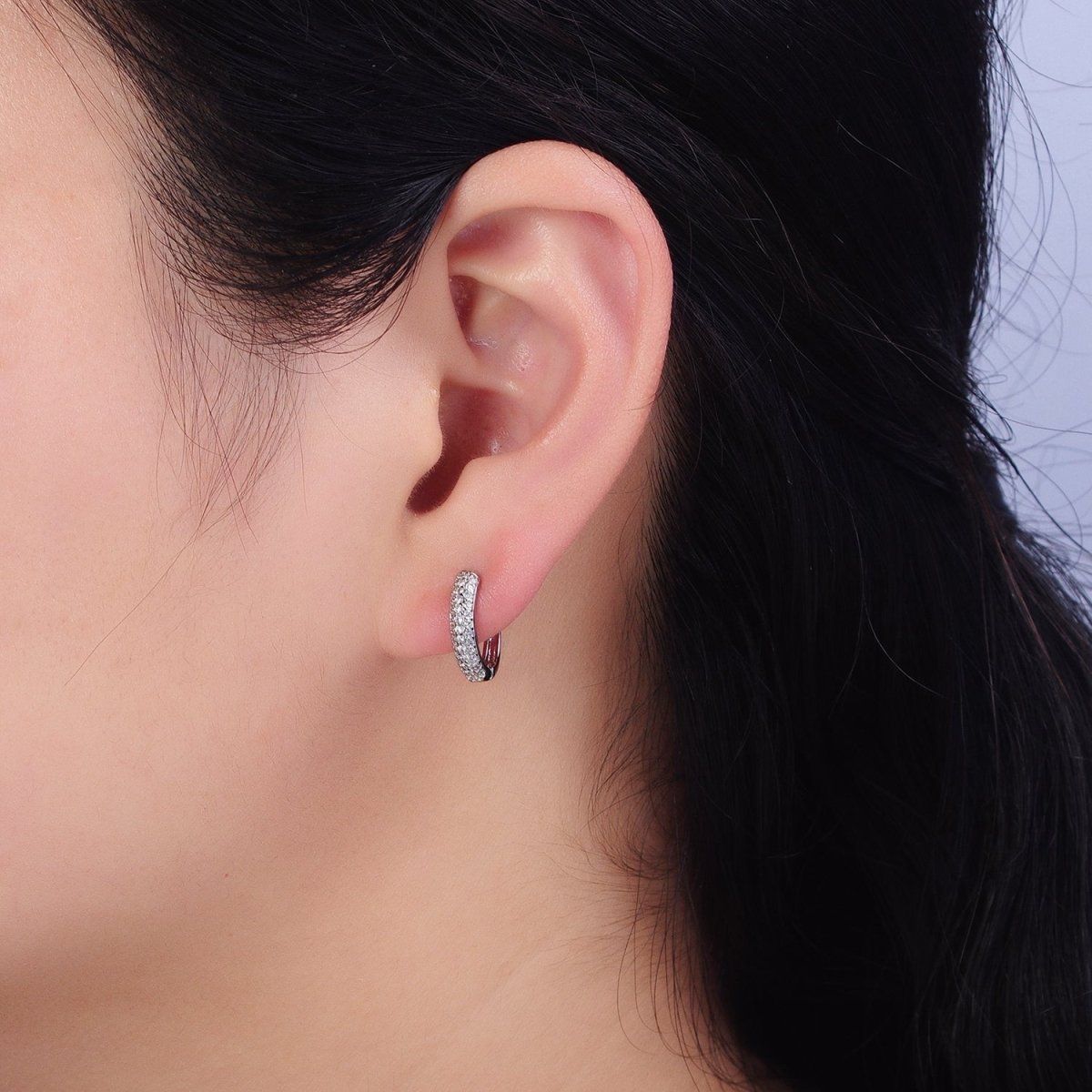 Dainty Silver Hoop Earring with Clear Micro Pave Cz Stone 14.5mm AD1188