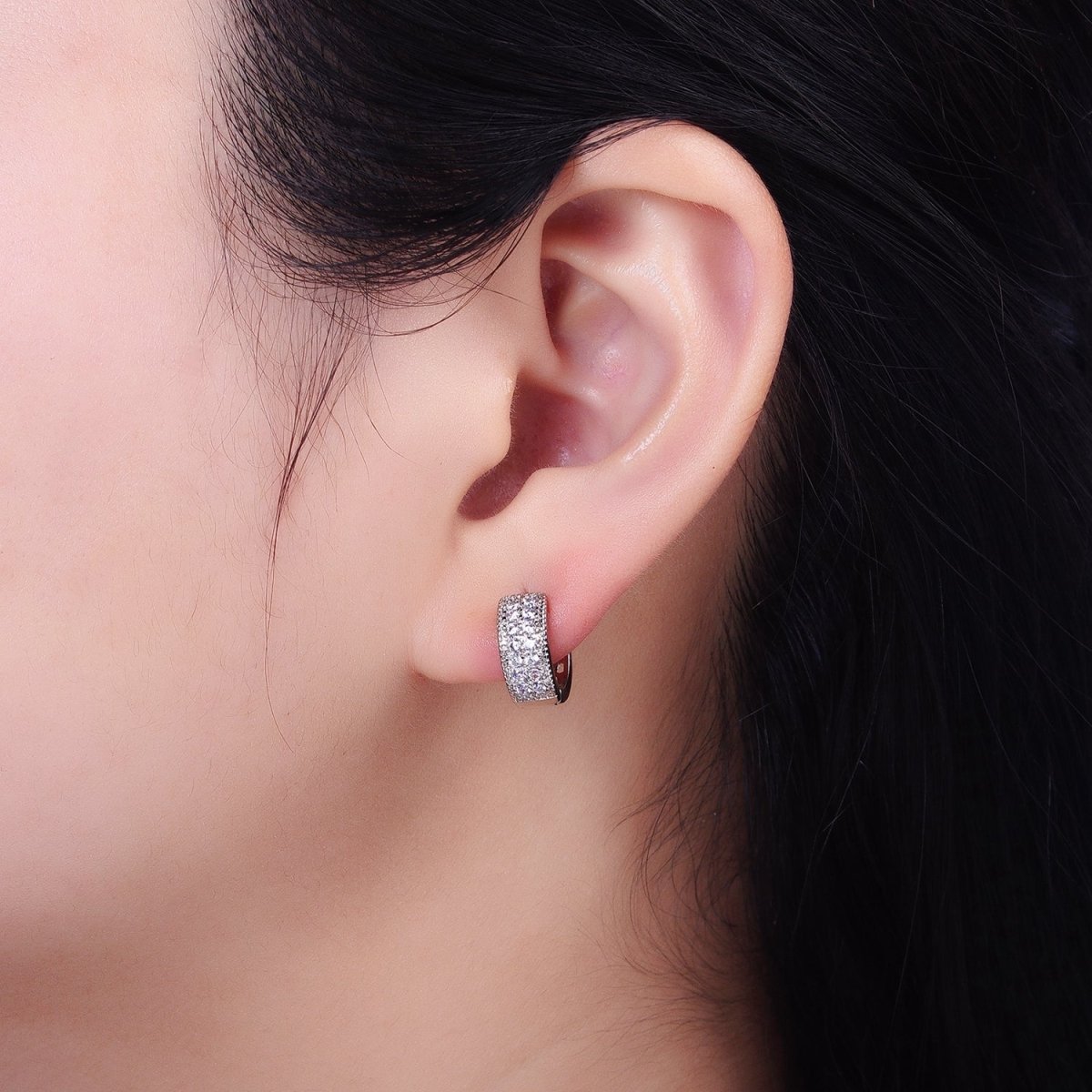 Dainty Silver Huggie Earring with Micro Pave Stone Lever Back Earring AB782