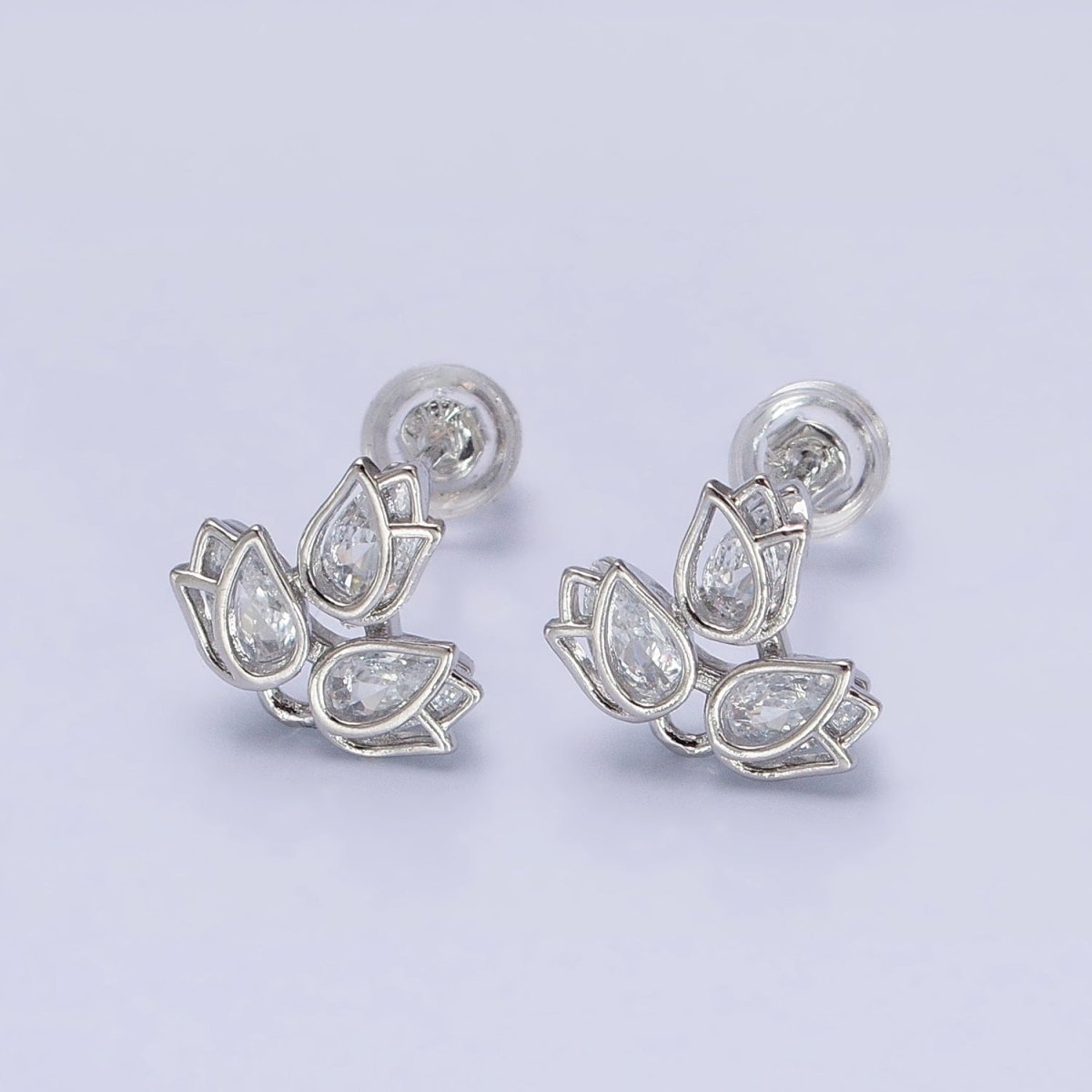 Dainty Silver Lotus Stud Earring With Cz Stone Tear Drop Cubic Stone AB660