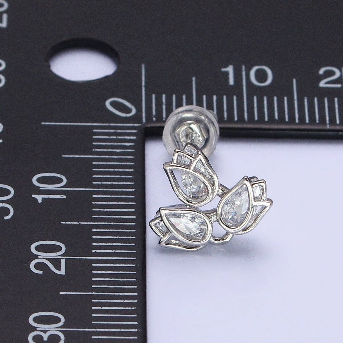 Dainty Silver Lotus Stud Earring With Cz Stone Tear Drop Cubic Stone AB660