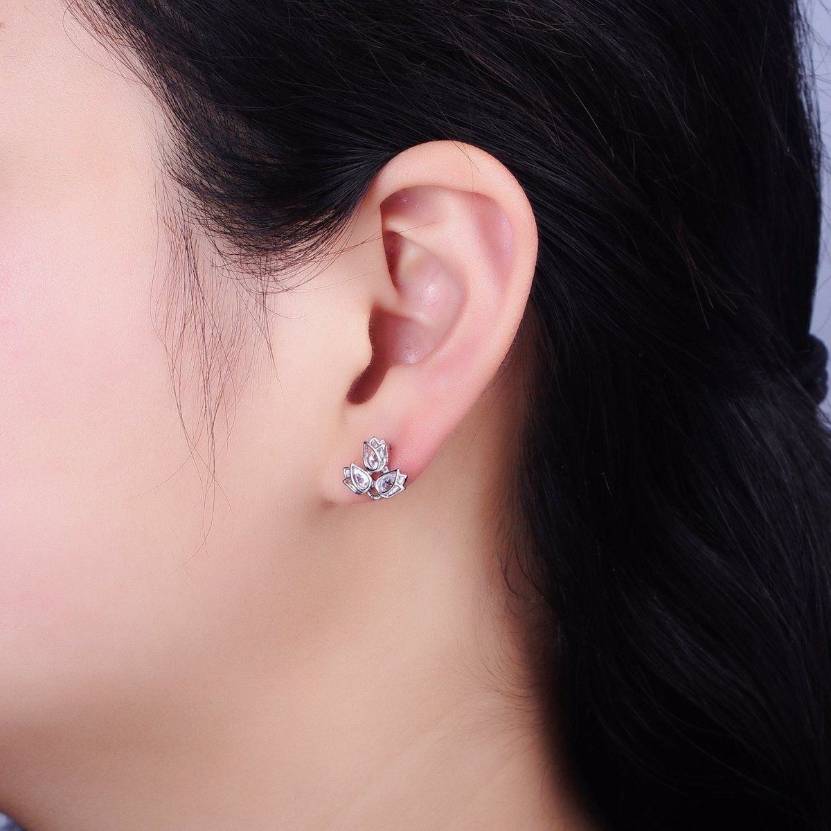 Dainty Silver Lotus Stud Earring With Cz Stone Tear Drop Cubic Stone AB660