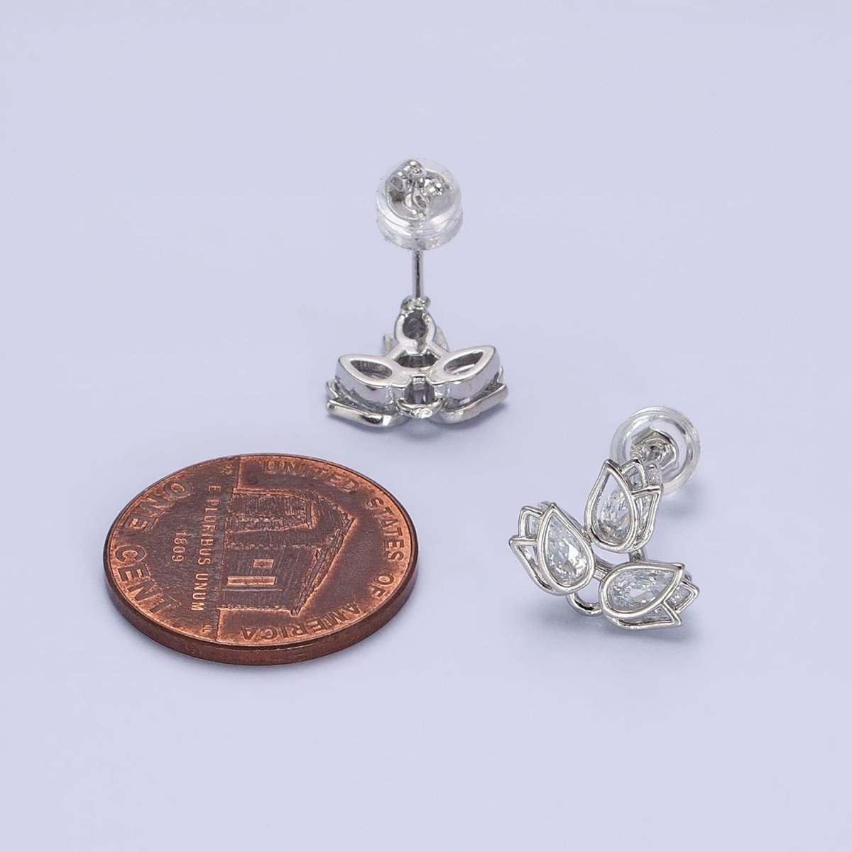 Dainty Silver Lotus Stud Earring With Cz Stone Tear Drop Cubic Stone AB660