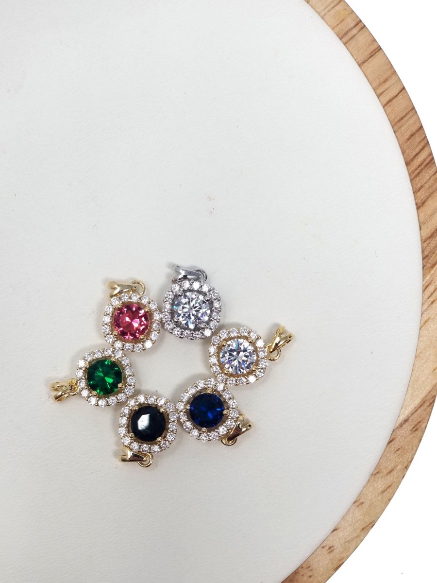 Dainty Silver White, 18K Gold Filled Gem Stone Charm Pendant Classic Diamond Round Cut Cubic Gemstone Necklace Earring for Jewelry Making N-1319 I-117~I-122