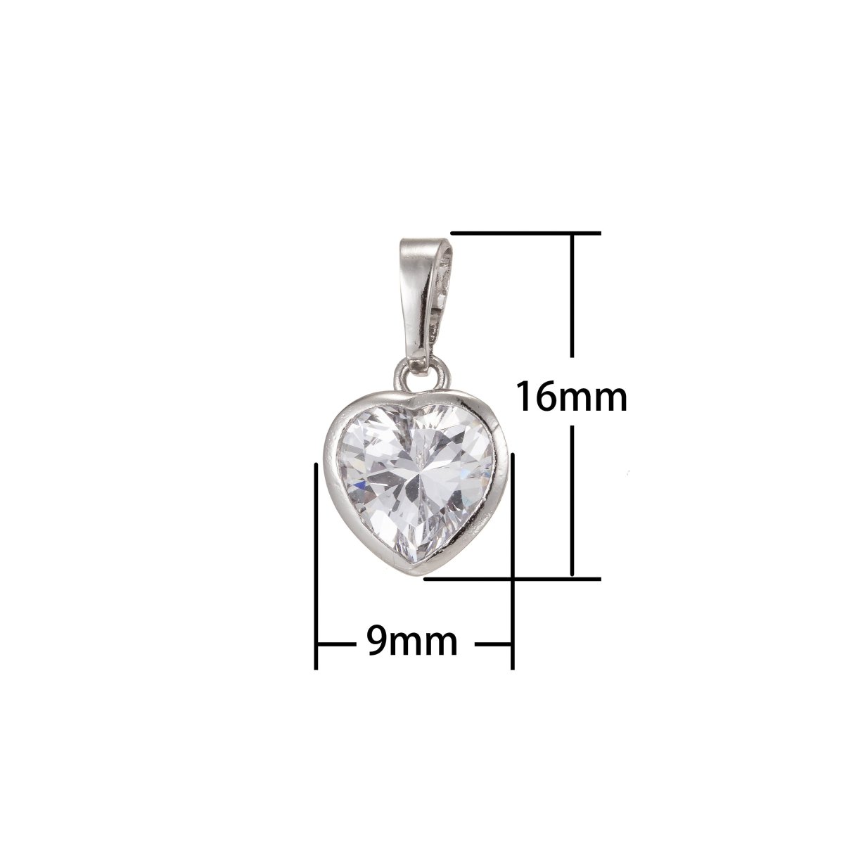 Dainty Solitaire Heart Cubic Zirconia in Bezel Charm Pendant Rhodium Plated for Necklace Earring Bracelet Charm I-211
