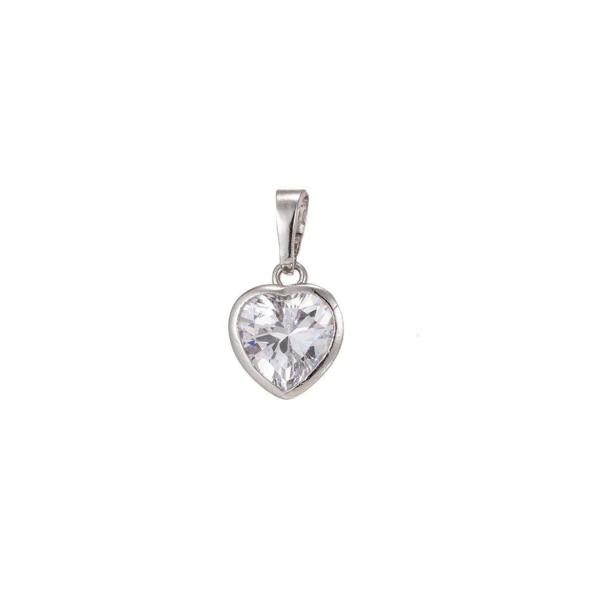 Dainty Solitaire Heart Cubic Zirconia in Bezel Charm Pendant Rhodium Plated for Necklace Earring Bracelet Charm I-211