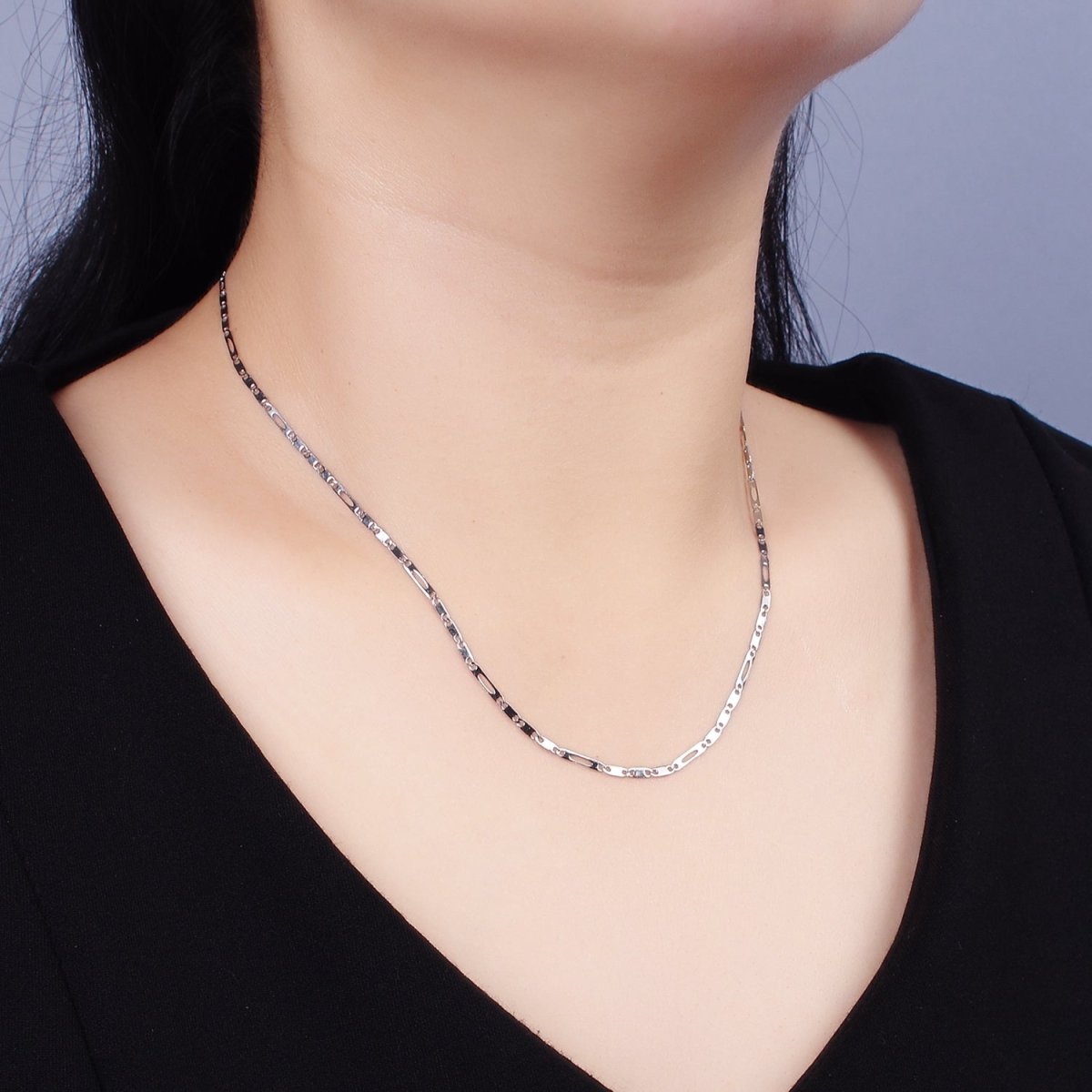 Dainty Stainless Steel 1.7mm Flat Anchor Figaro Chain 18 Inch Necklace in Silver | WA-2376