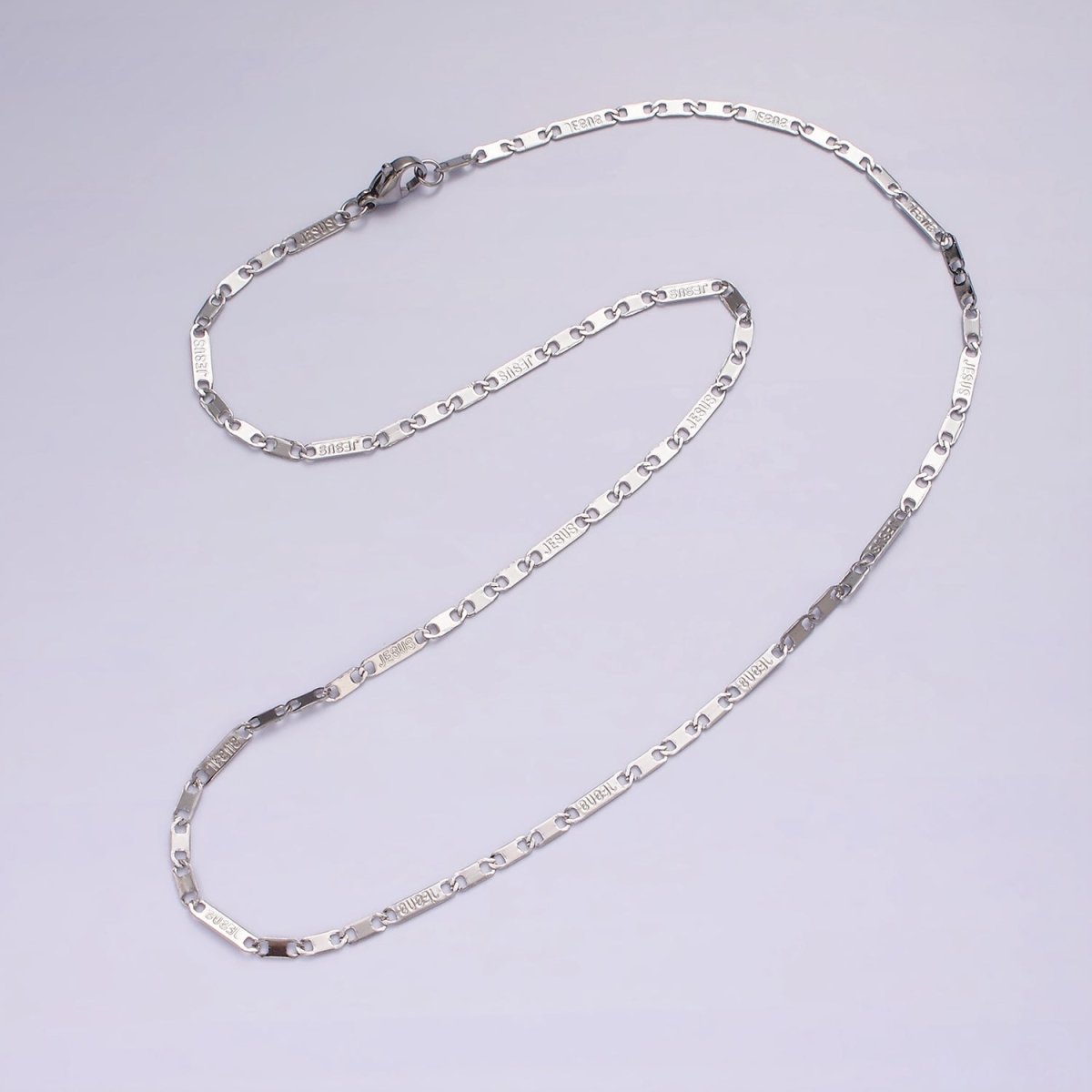 Dainty Stainless Steel 2.3mm Flat Anchor Figaro Chain Jesus Words 18 Inch Necklace in Silver | WA-2397