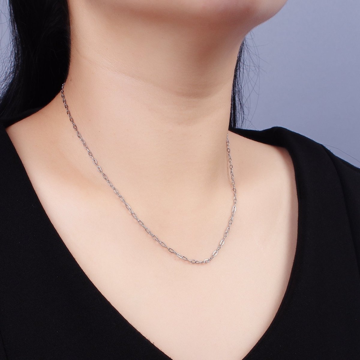 Dainty Stainless Steel 2mm Oval Cable Link Chain 18 Inch Necklace in Silver | WA-2377