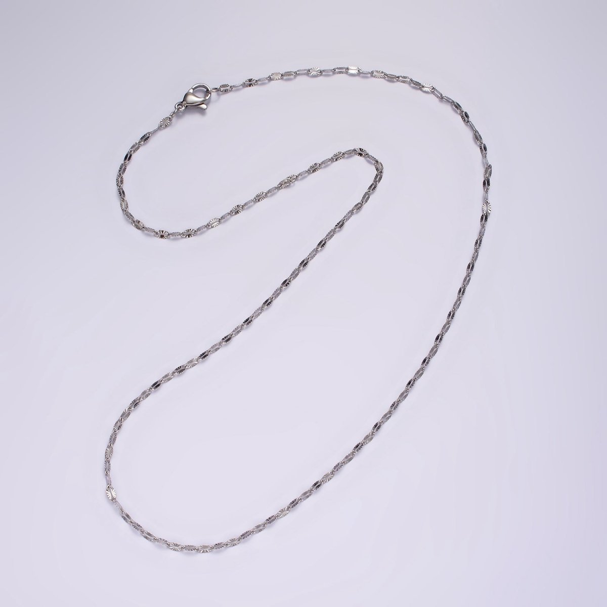 Dainty Stainless Steel Sunburst Diamond Cut Cable Chain Necklace 18 inch in Silver | WA-2404