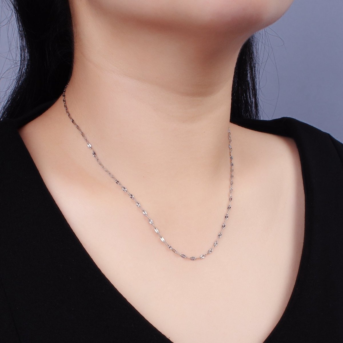 Dainty Stainless Steel Sunburst Diamond Cut Cable Chain Necklace 18 inch in Silver | WA-2404