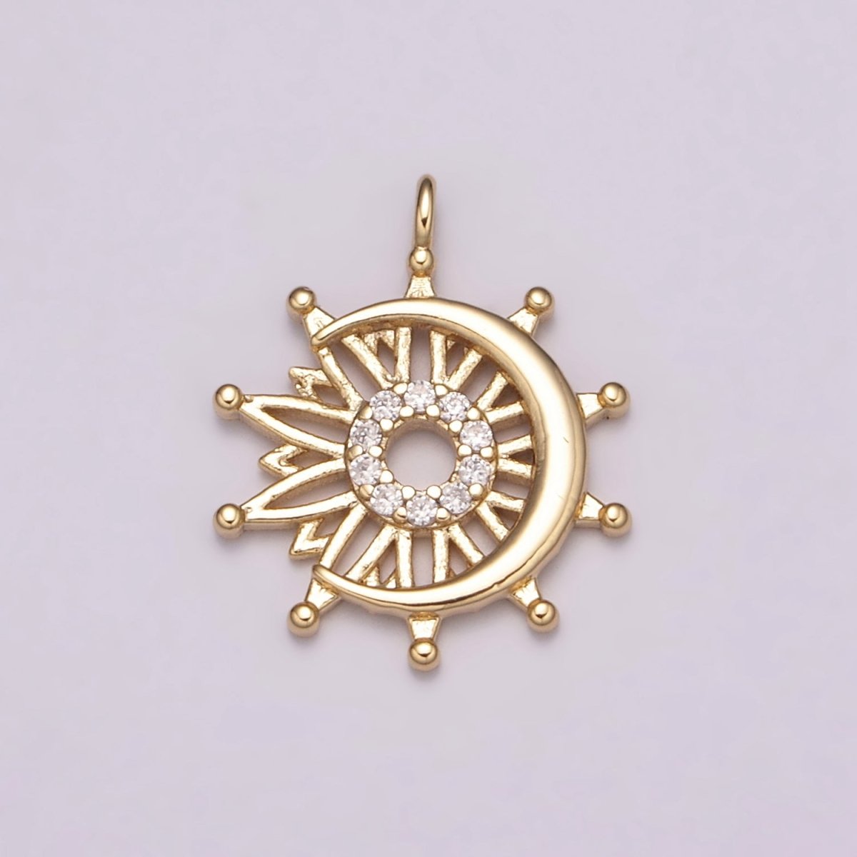 Dainty Sun and Moon Charm, Celestial Sunshine Charm, Crescent Moon, Sunray Pendant E-612