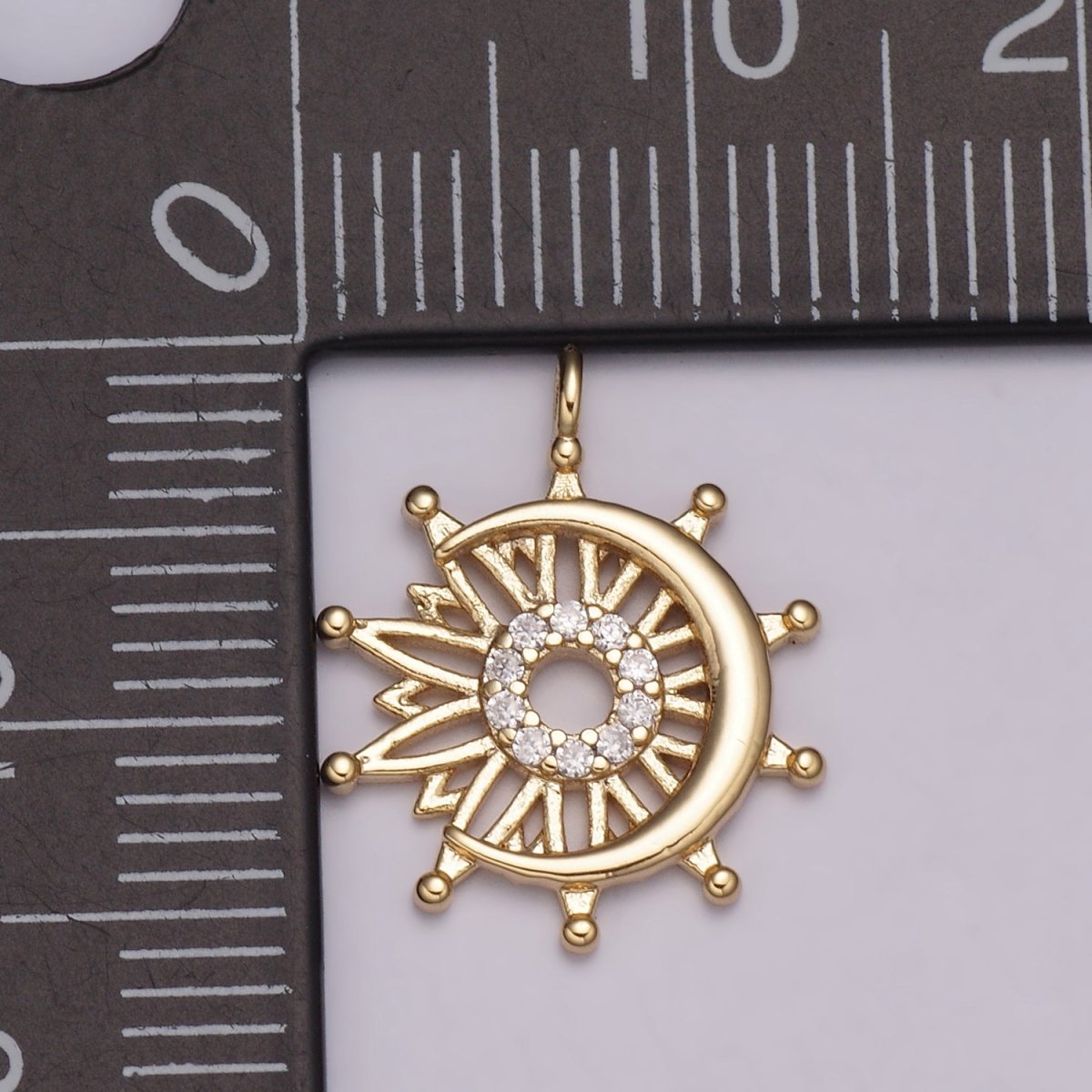 Dainty Sun and Moon Charm, Celestial Sunshine Charm, Crescent Moon, Sunray Pendant E-612