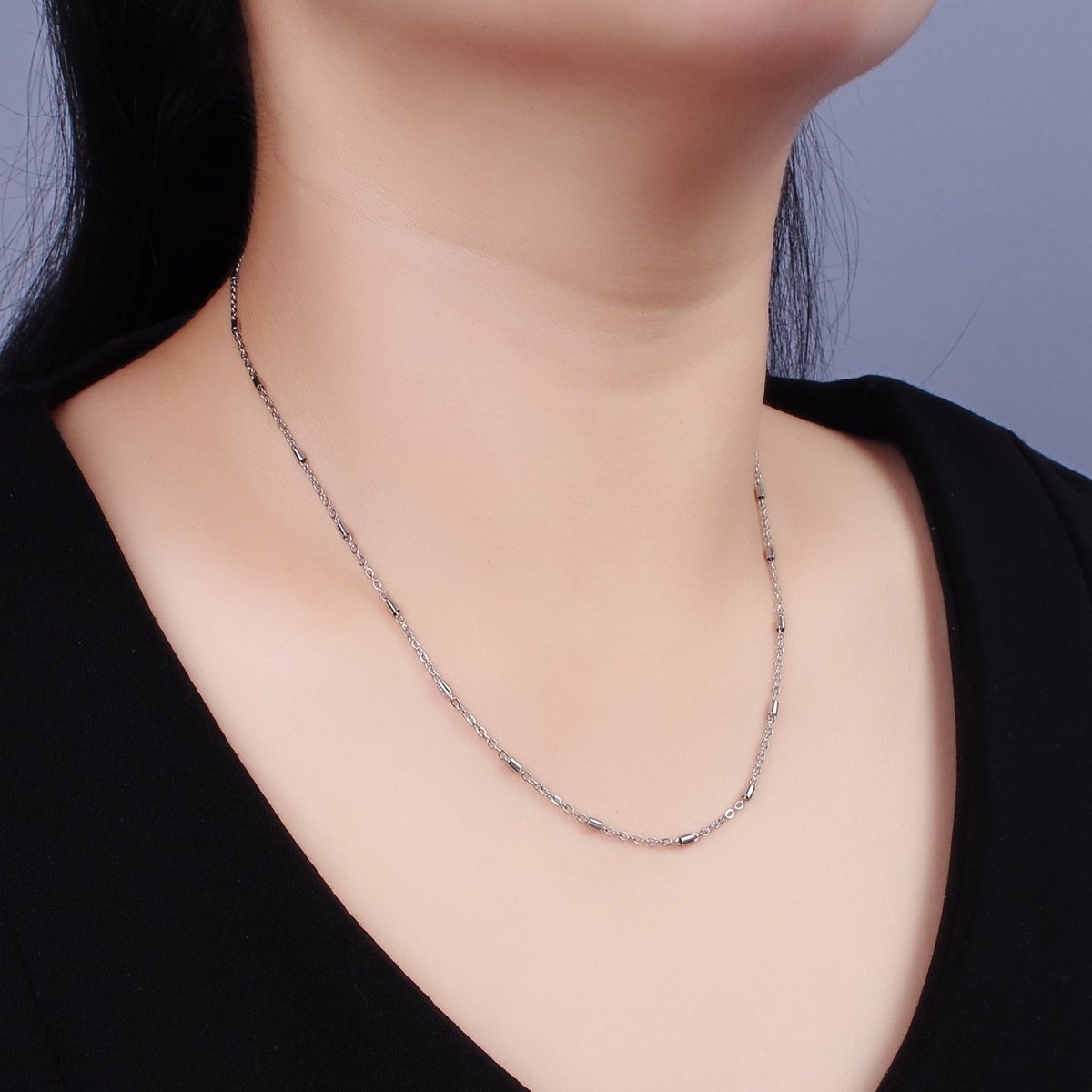 Dainty Tube Satellite Chain Necklace Stainless Steel 18 inch Tube cable Link Necklace in Silver | WA-2386