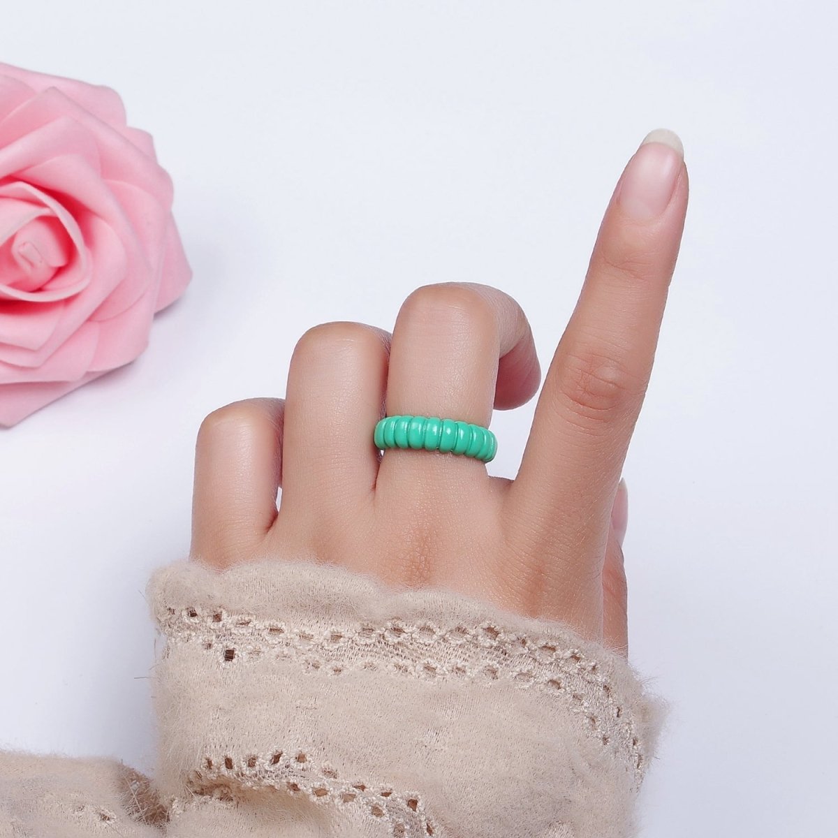 Dainty Turquoise Enamel Croissant Lined Y2K Ring for Single Lady | O-566