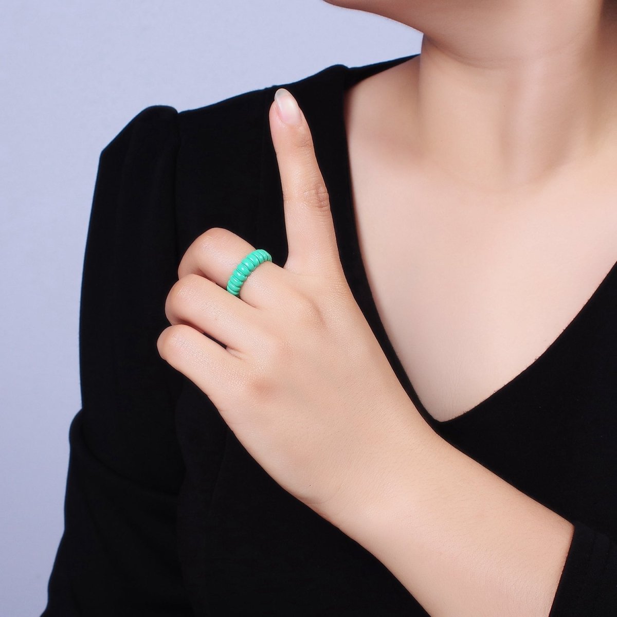 Dainty Turquoise Enamel Croissant Lined Y2K Ring for Single Lady | O-566