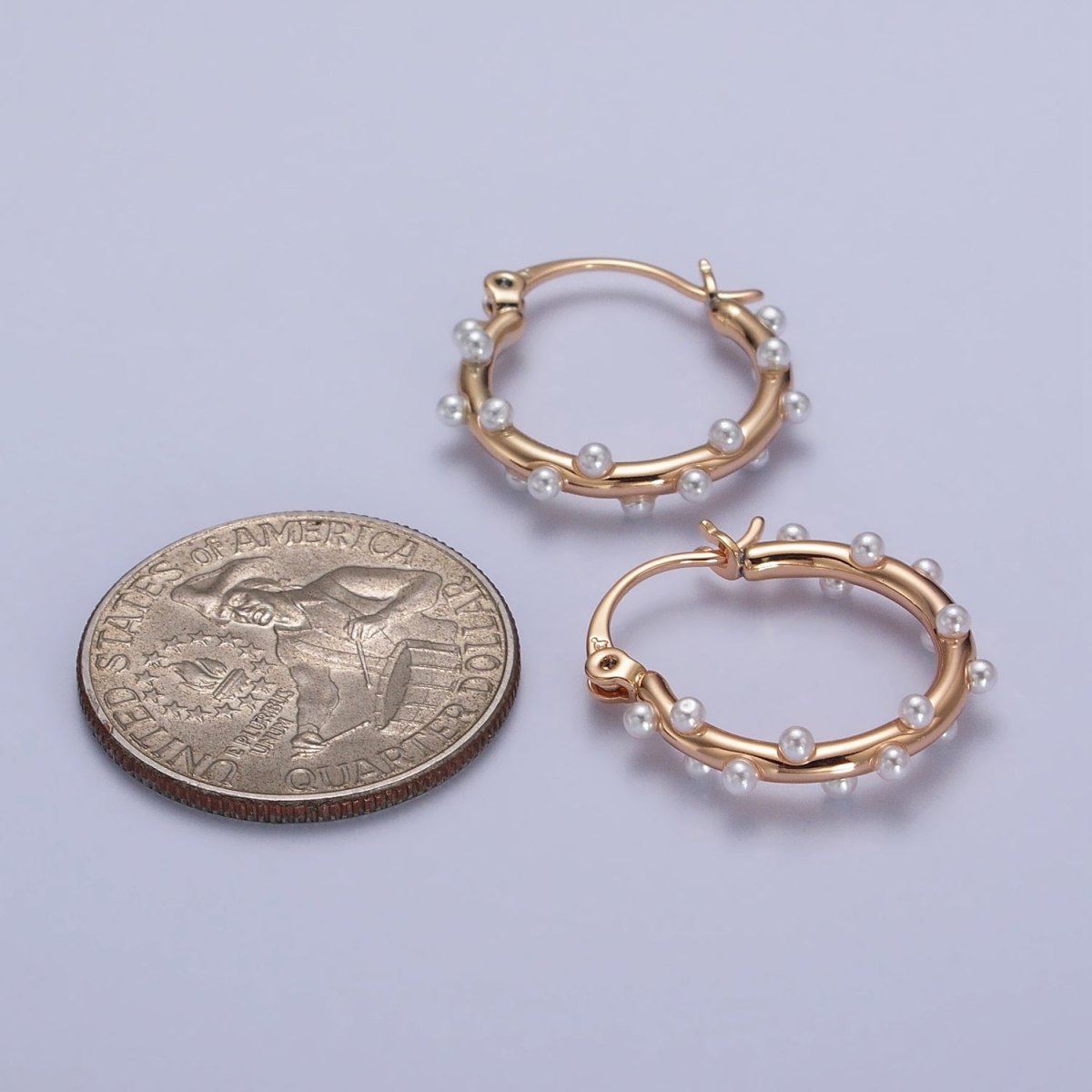 Dainty White Pearl Dotted 21mm Gold Hoop French Lock Latch Earrings | AB129