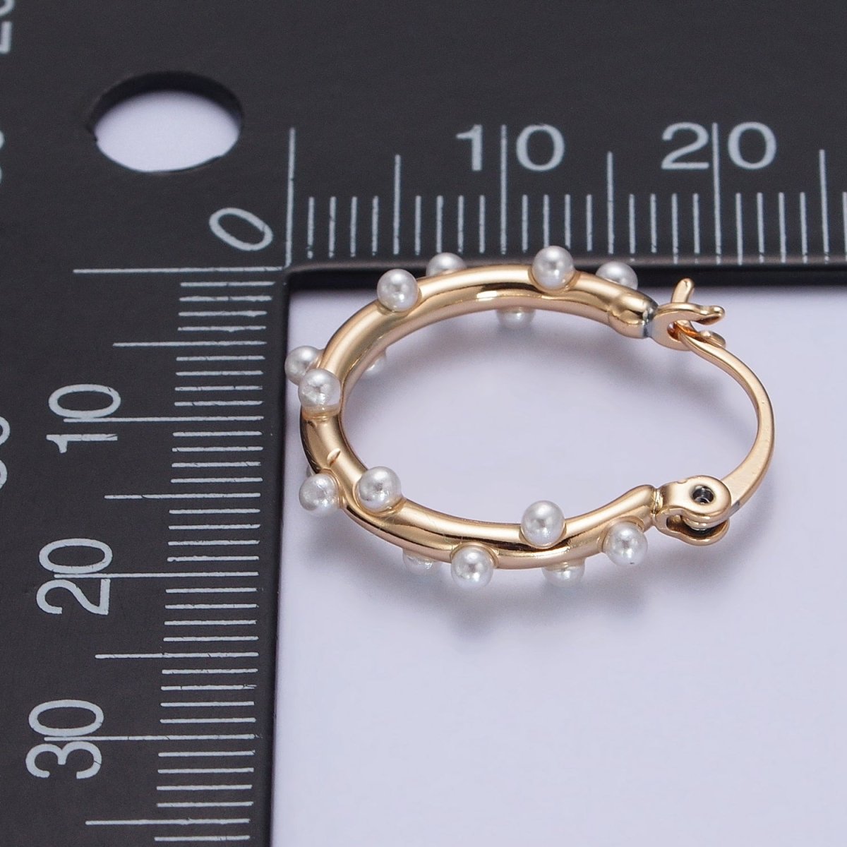 Dainty White Pearl Dotted 21mm Gold Hoop French Lock Latch Earrings | AB129