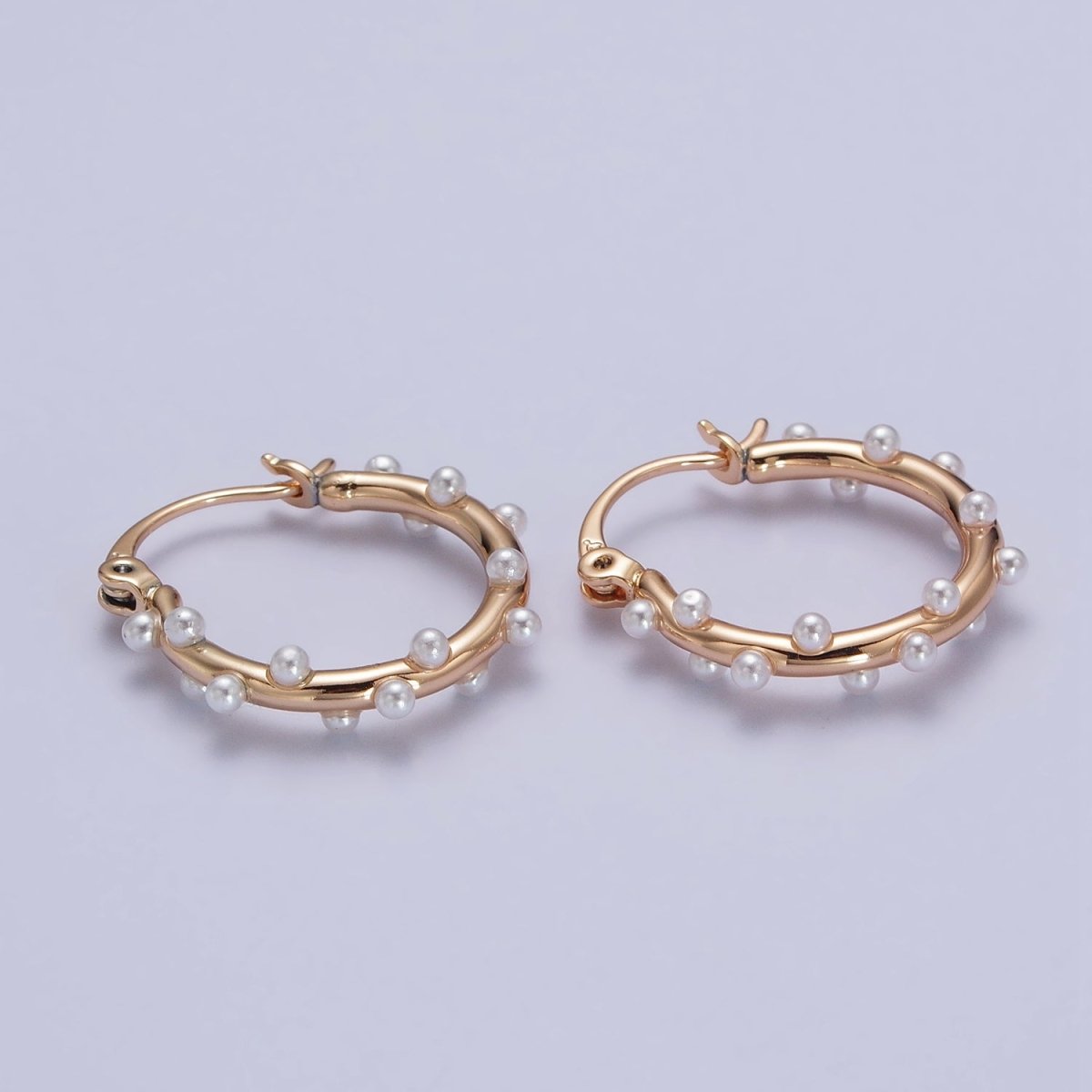 Dainty White Pearl Dotted 21mm Gold Hoop French Lock Latch Earrings | AB129