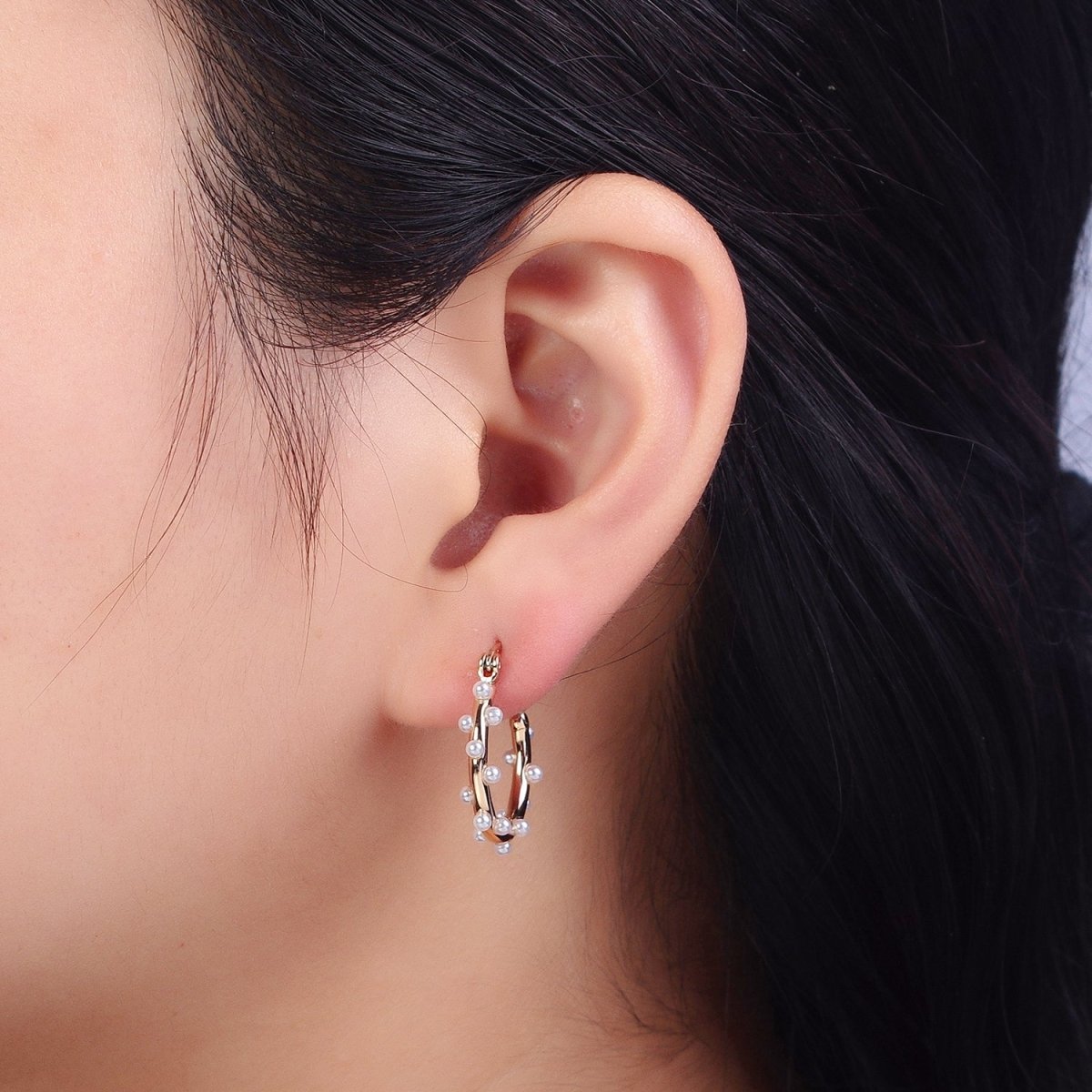Dainty White Pearl Dotted 21mm Gold Hoop French Lock Latch Earrings | AB129