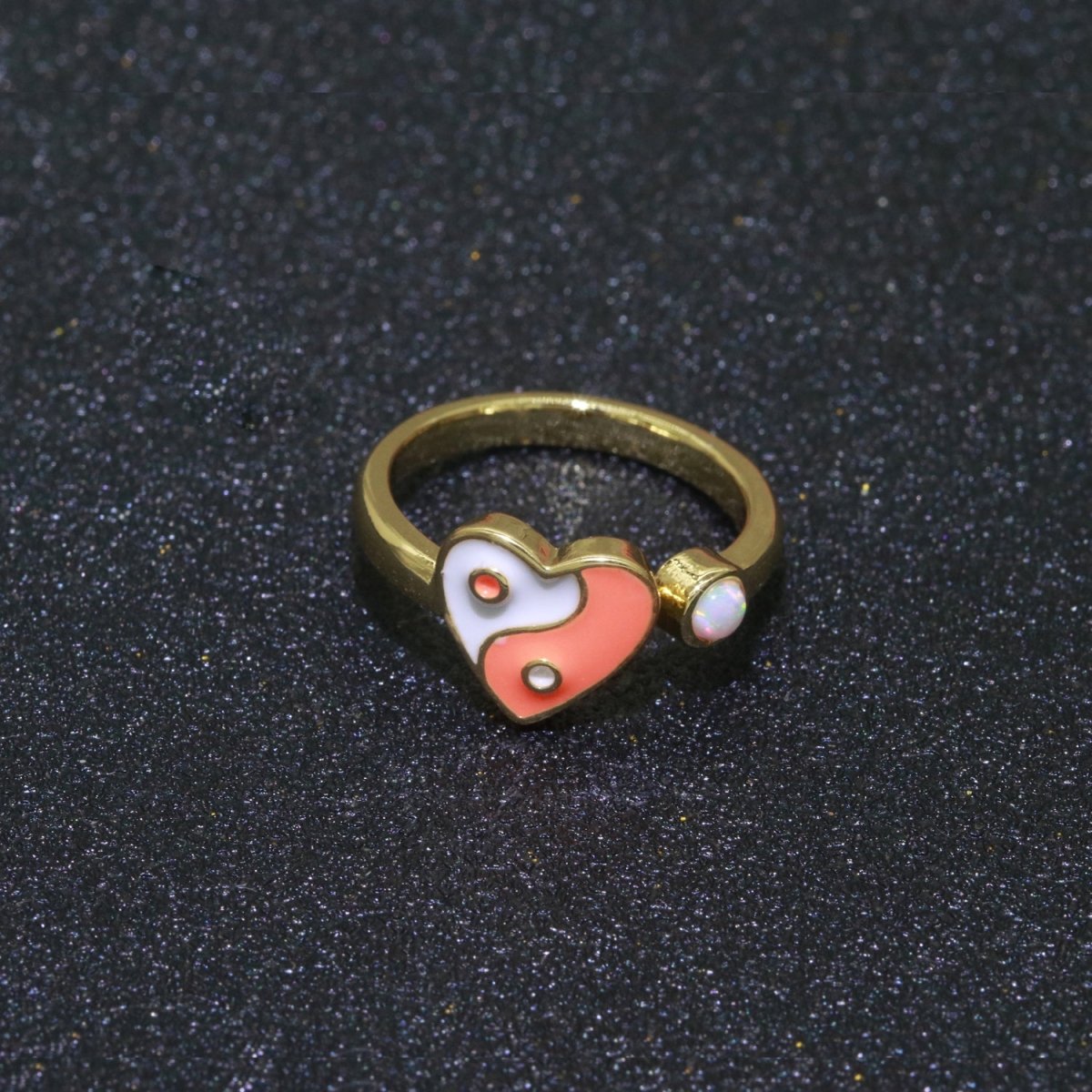 Dainty Yin Yang Ring, Open Adjustable Heart Gold Ring, Colorful Neon Enamel Ring, Stackable Ring Black White Pink blue Green Ring for Women S-067~S-075