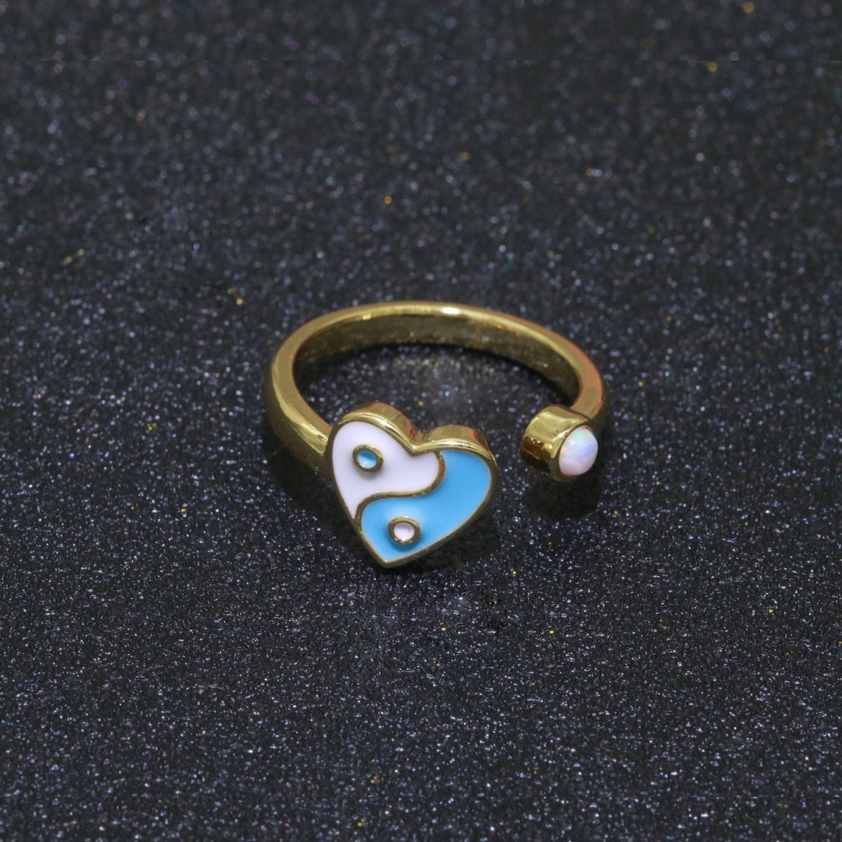 Dainty Yin Yang Ring, Open Adjustable Heart Gold Ring, Colorful Neon Enamel Ring, Stackable Ring Black White Pink blue Green Ring for Women S-067~S-075