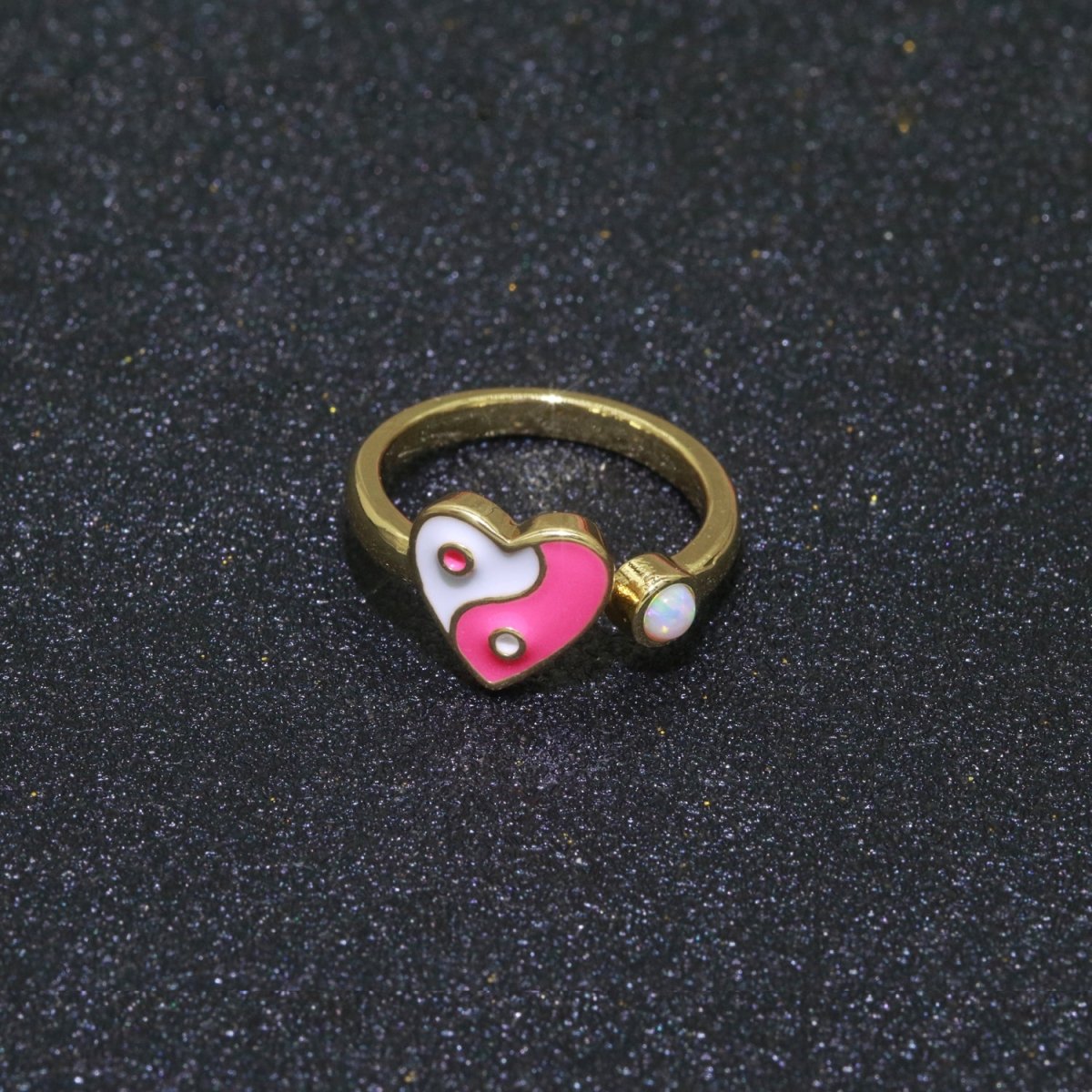Dainty Yin Yang Ring, Open Adjustable Heart Gold Ring, Colorful Neon Enamel Ring, Stackable Ring Black White Pink blue Green Ring for Women S-067~S-075