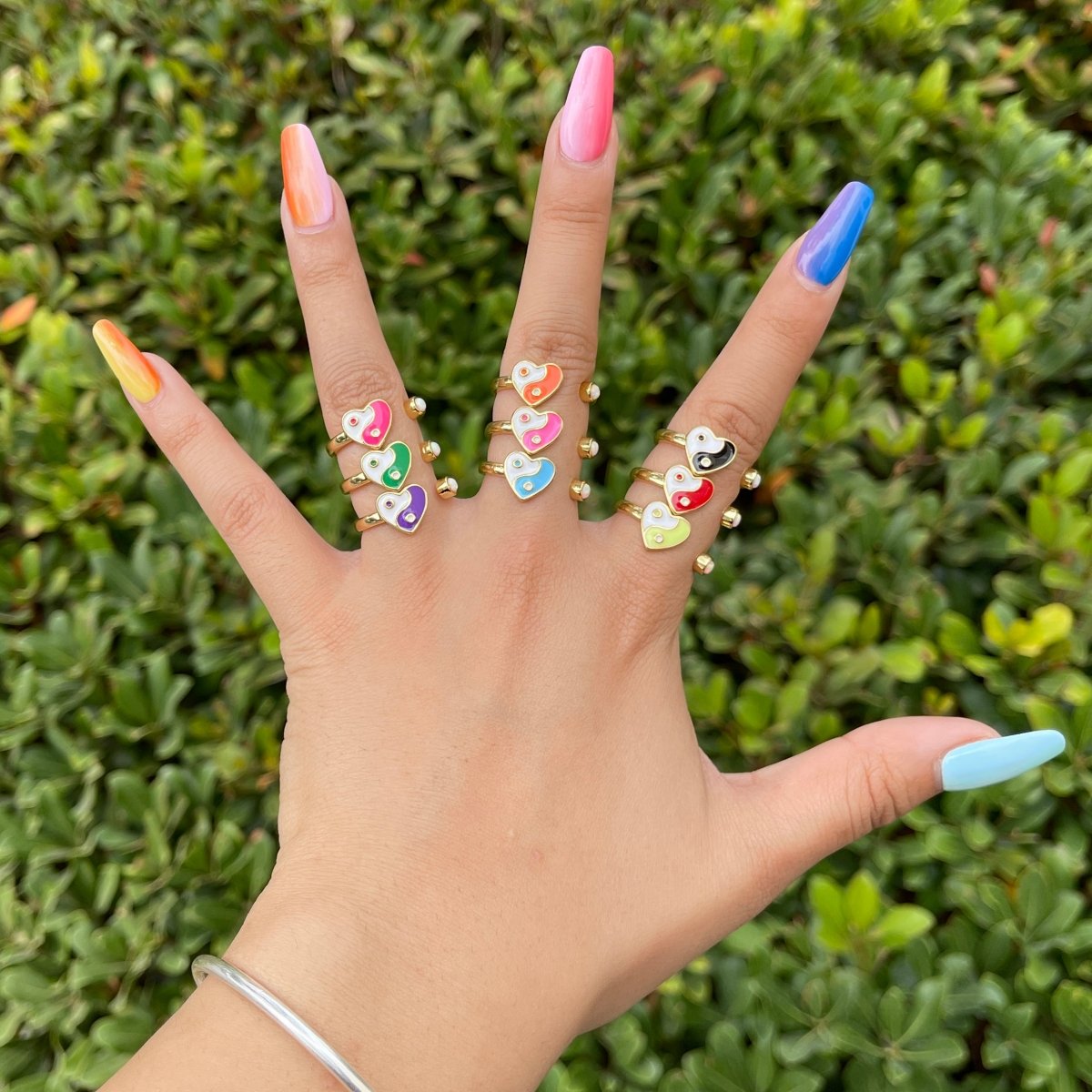 Dainty Yin Yang Ring, Open Adjustable Heart Gold Ring, Colorful Neon Enamel Ring, Stackable Ring Black White Pink blue Green Ring for Women S-067~S-075
