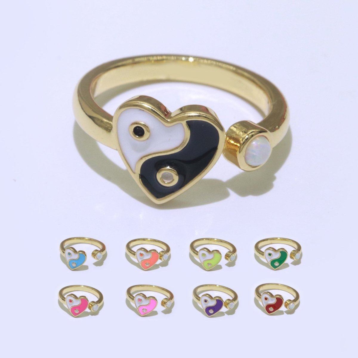 Dainty Yin Yang Ring, Open Adjustable Heart Gold Ring, Colorful Neon Enamel Ring, Stackable Ring Black White Pink blue Green Ring for Women S-067~S-075