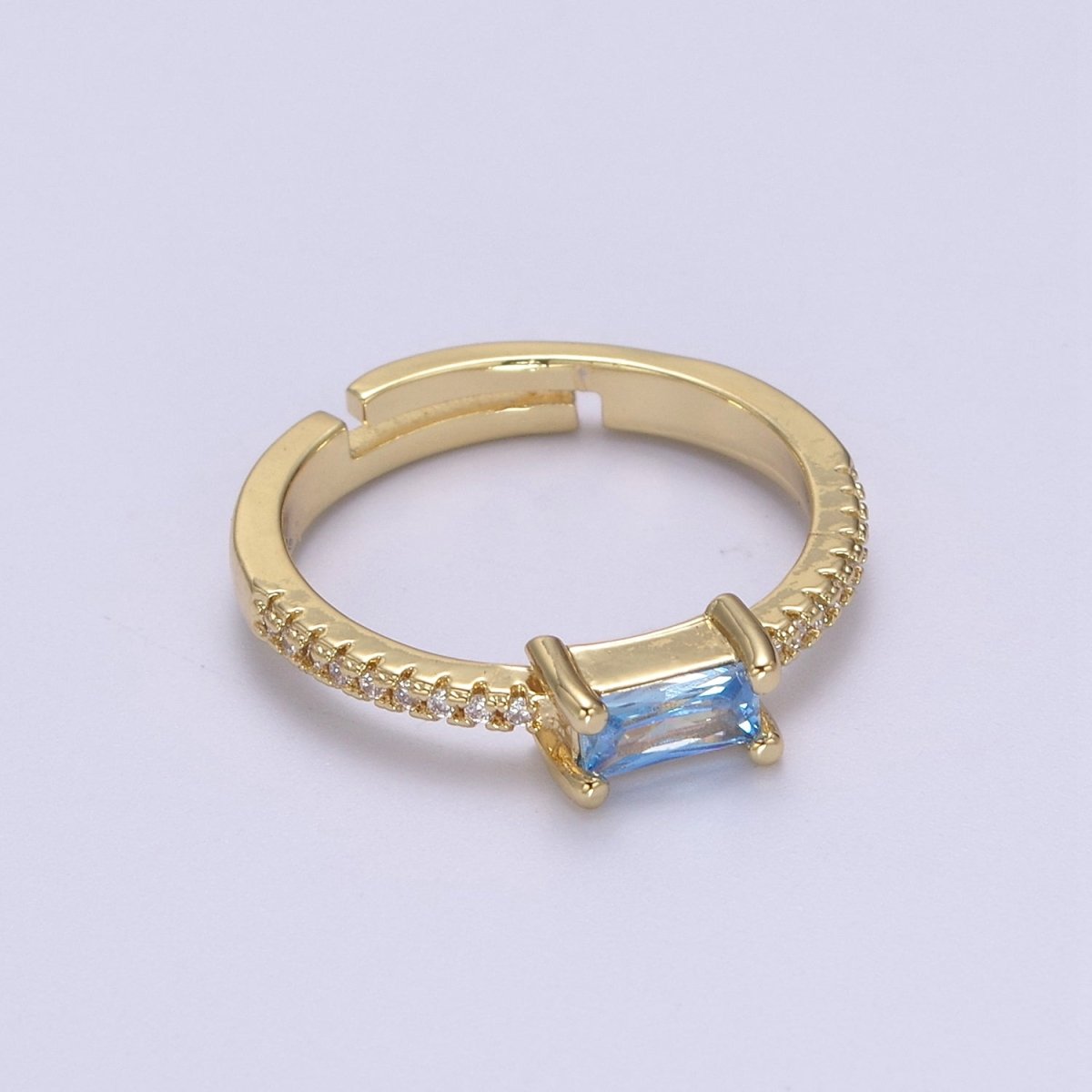 DEL-24K Gold Filled Dainty Emerald Green, Blue, Purple Baguette Crystal Zirconia CZ Adjustable Band Ring  U-300, U-302