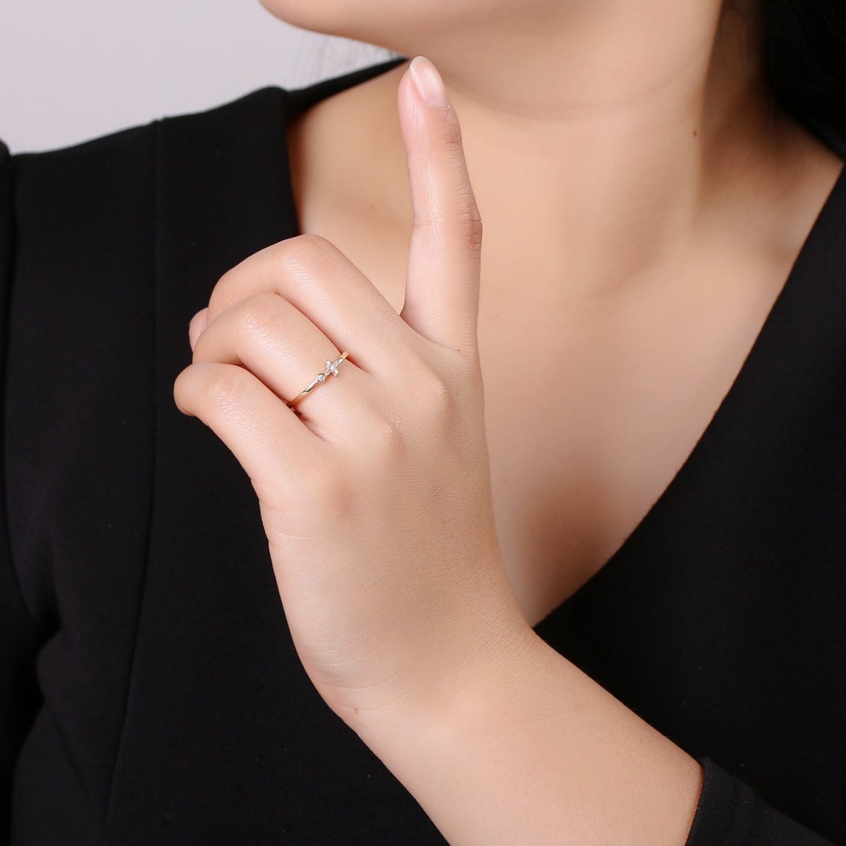 Delicate Sideway Cross Ring 18k gold Filled Open Adjustable Ring R306