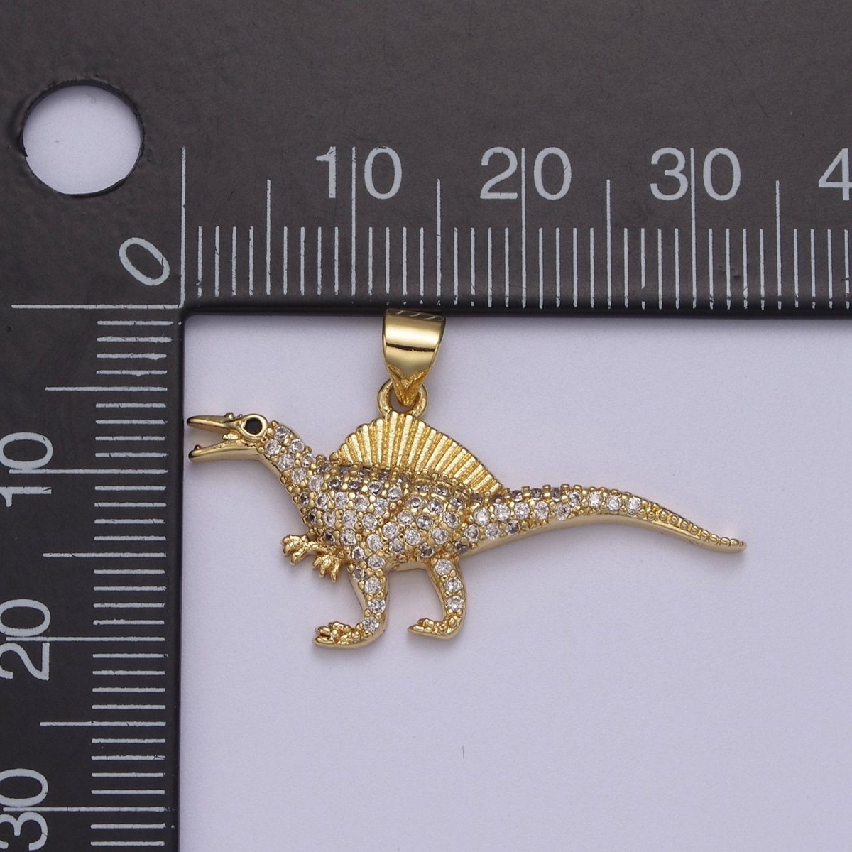 Dinosaur Pendants in Gold, Spinosaurus Charm Dino Jewelry in Clear Cubic Zirconia J-334