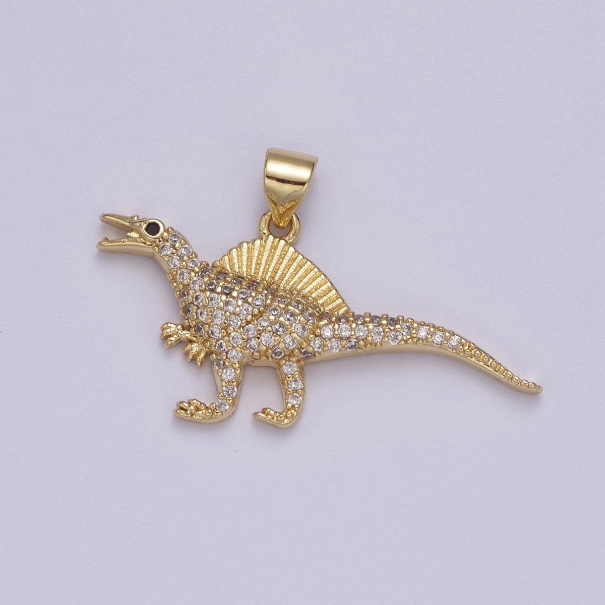 Dinosaur Pendants in Gold, Spinosaurus Charm Dino Jewelry in Clear Cubic Zirconia J-334