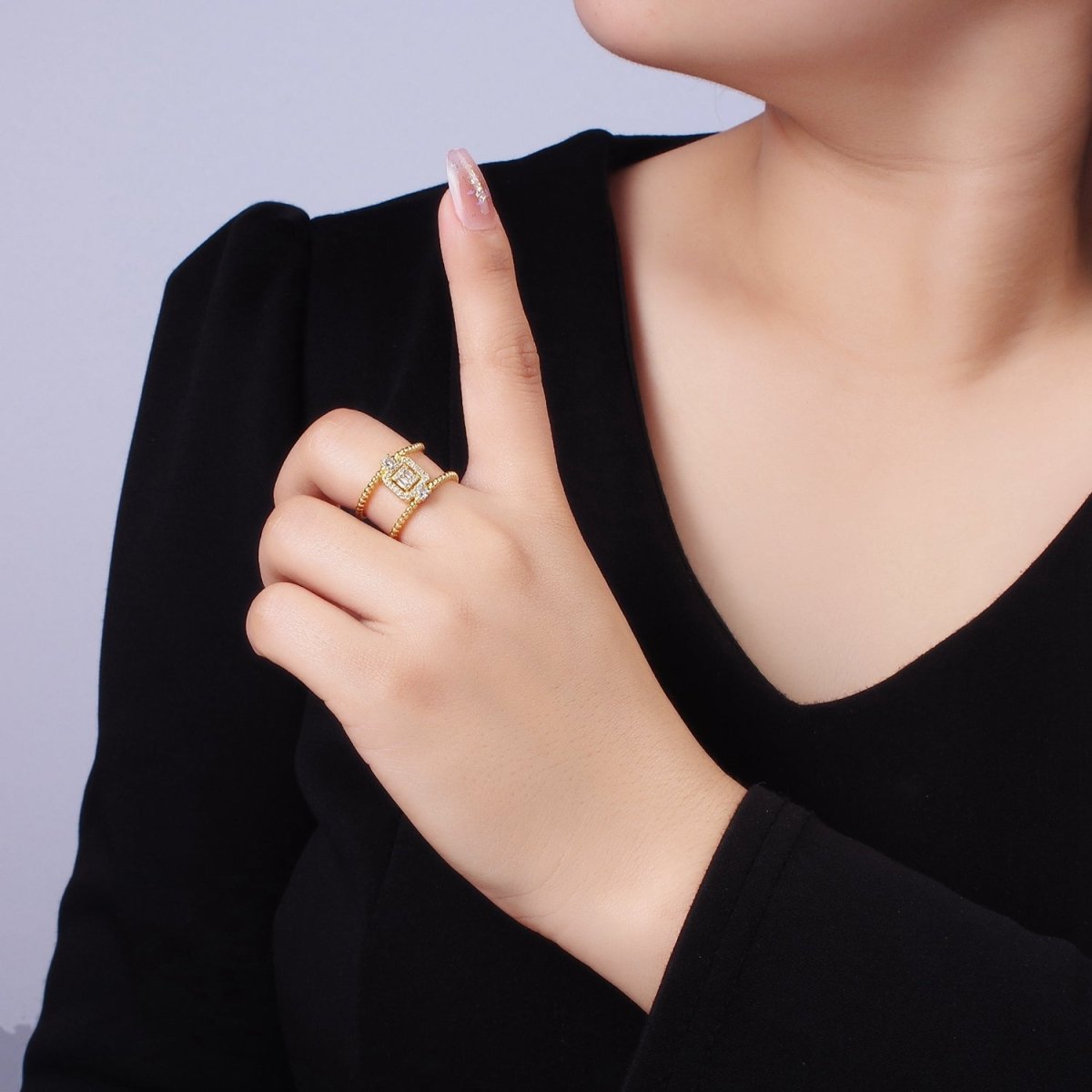 14K Gold Filled CZ Baguette Micro Paved Beaded Bubble Double Band Ring | O1318