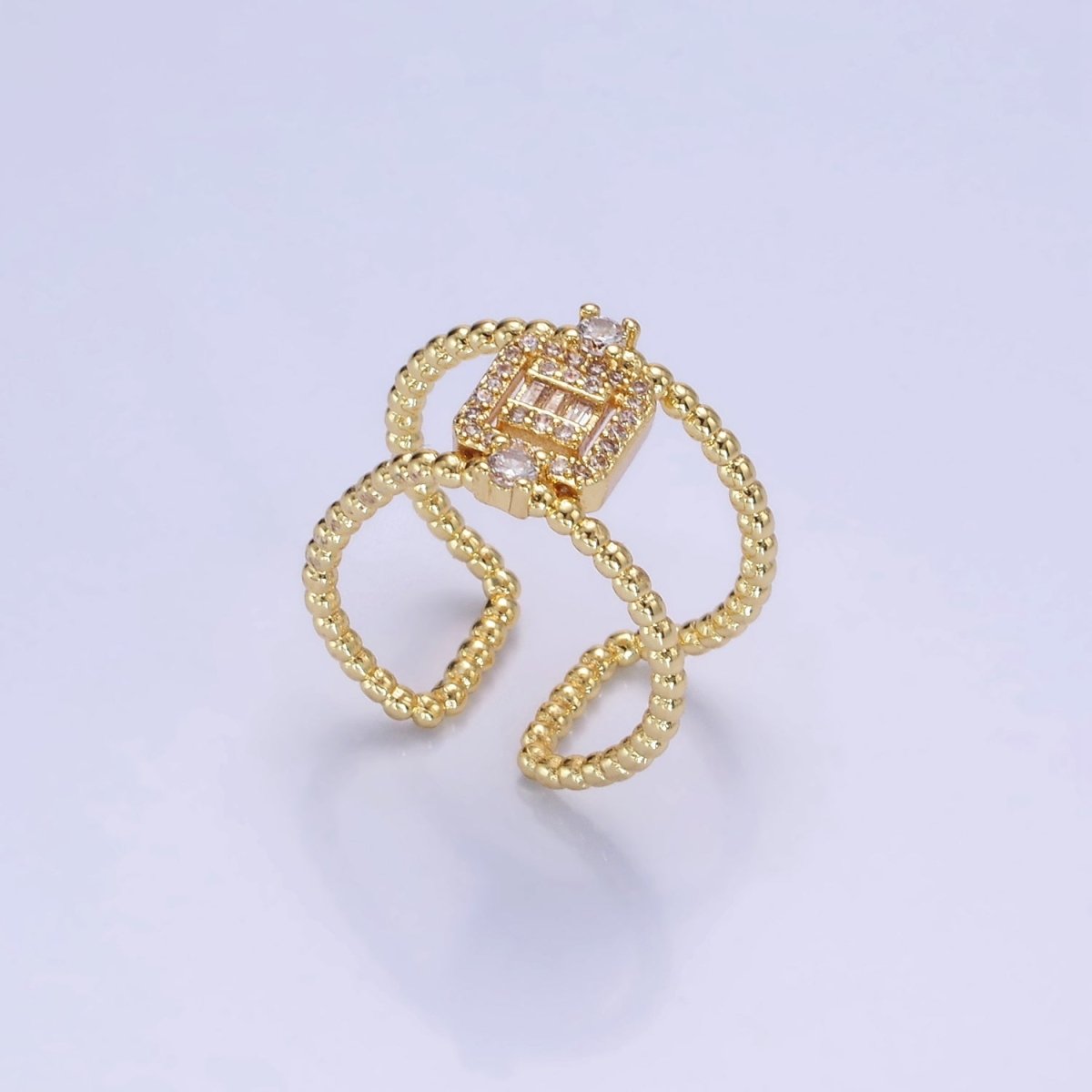 14K Gold Filled CZ Baguette Micro Paved Beaded Bubble Double Band Ring | O1318