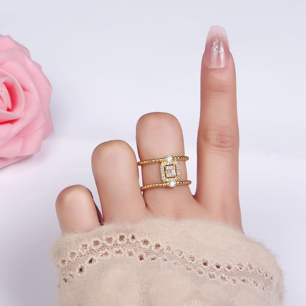 14K Gold Filled CZ Baguette Micro Paved Beaded Bubble Double Band Ring | O1318