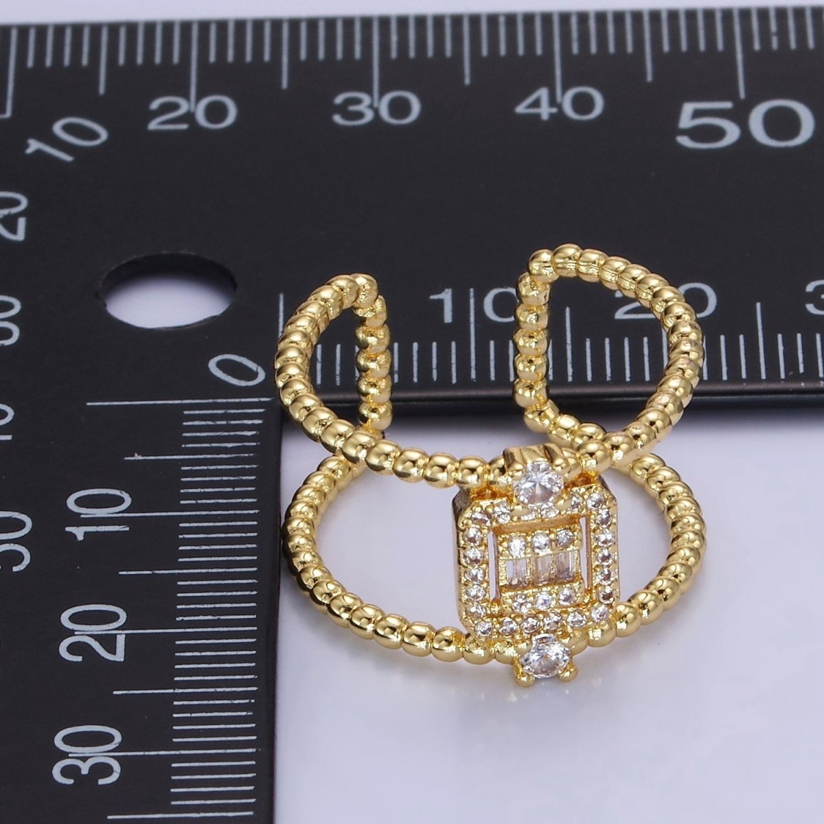 14K Gold Filled CZ Baguette Micro Paved Beaded Bubble Double Band Ring | O1318
