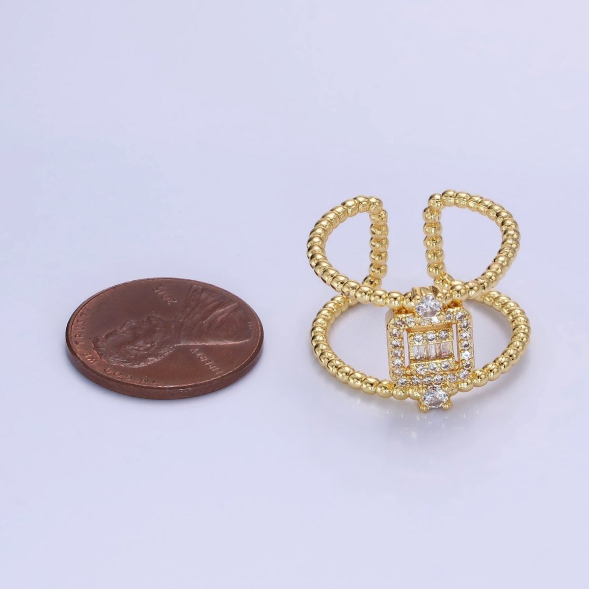 14K Gold Filled CZ Baguette Micro Paved Beaded Bubble Double Band Ring | O1318