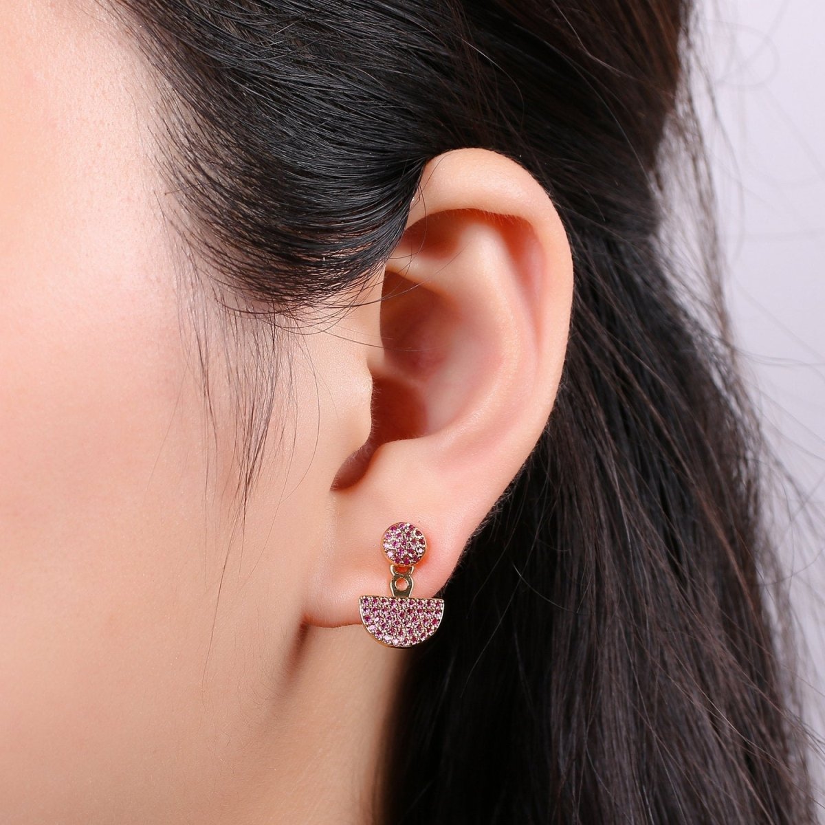 Dot and Fan Earrings, Gold Stud Earring 24K Gold Filled Post Earrings, Colorful Micro Pave Gold Dot and Fan Earrings, Tiny Gold StudS Q-268 - Q-270