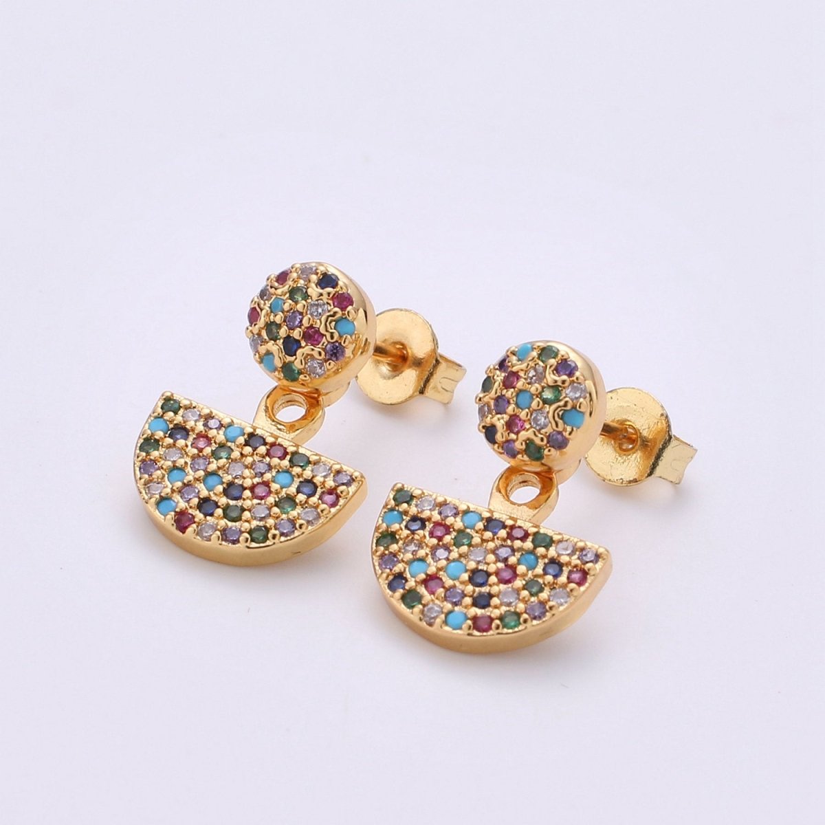 Dot and Fan Earrings, Gold Stud Earring 24K Gold Filled Post Earrings, Colorful Micro Pave Gold Dot and Fan Earrings, Tiny Gold StudS Q-268 - Q-270