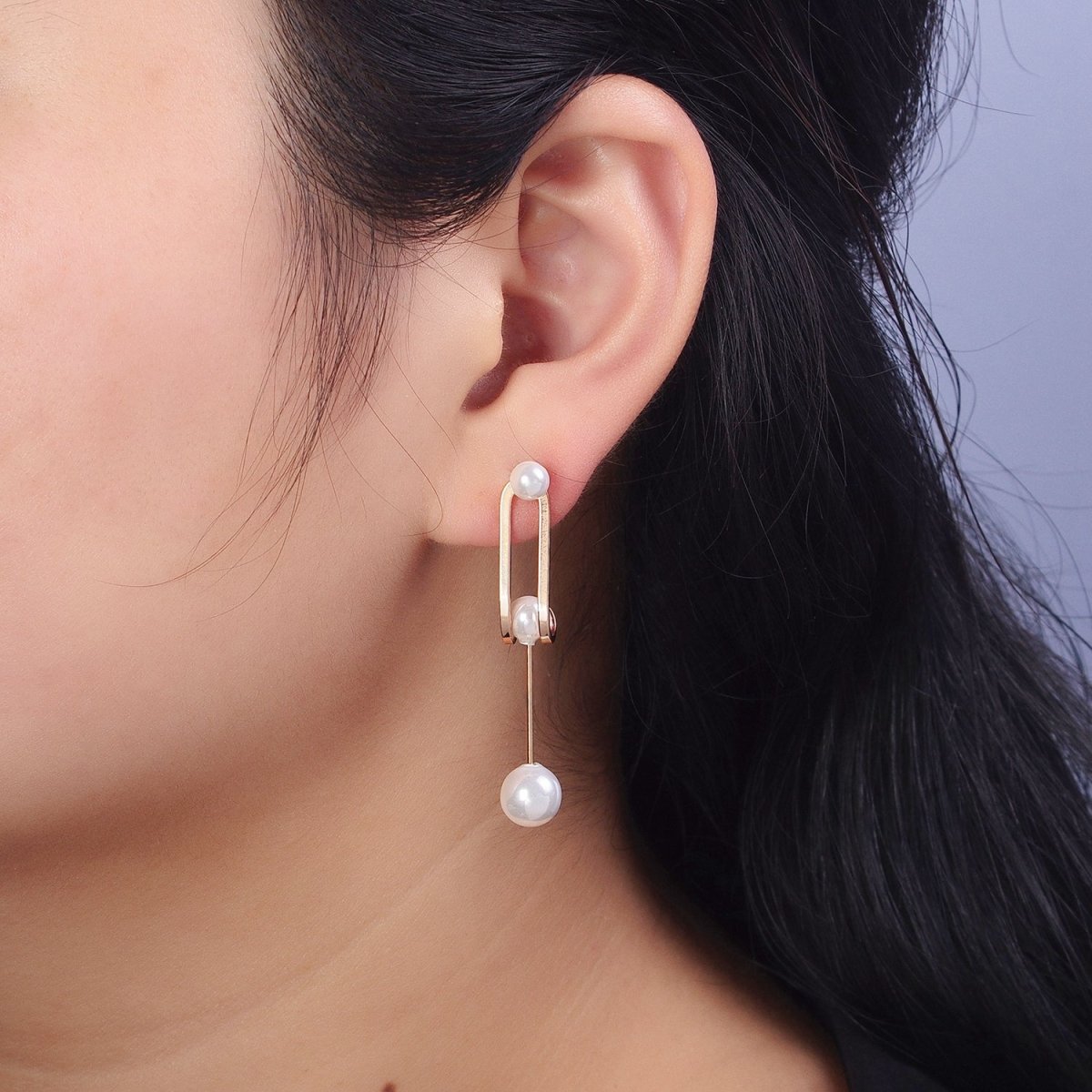 Double Band J-Shaped Geometric Pearl Dangle Earrings | AB285